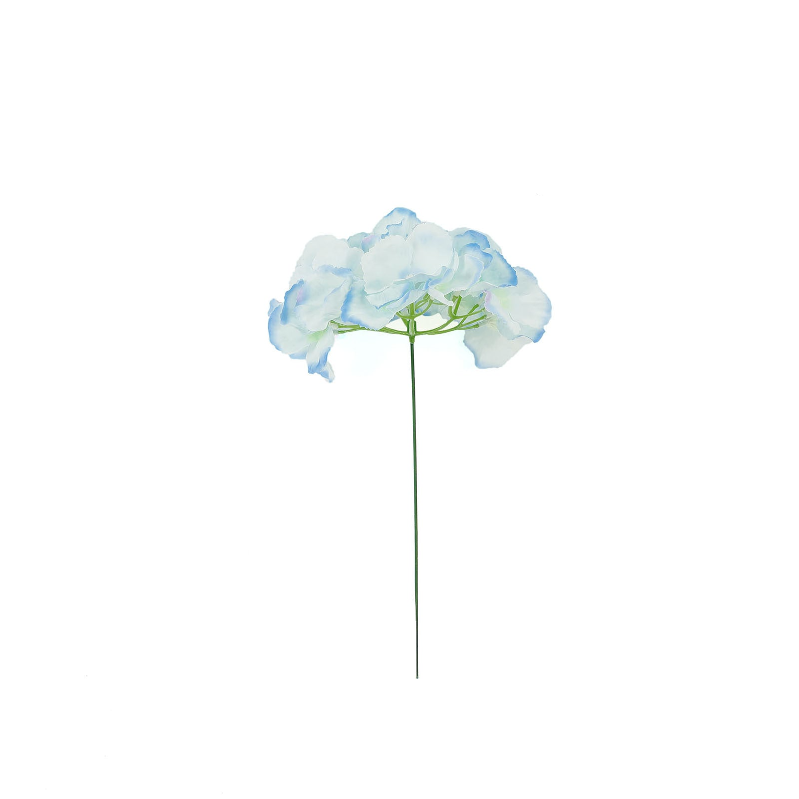 Blue artificial satin hydrangea flower head and stem for DIY arrangements.