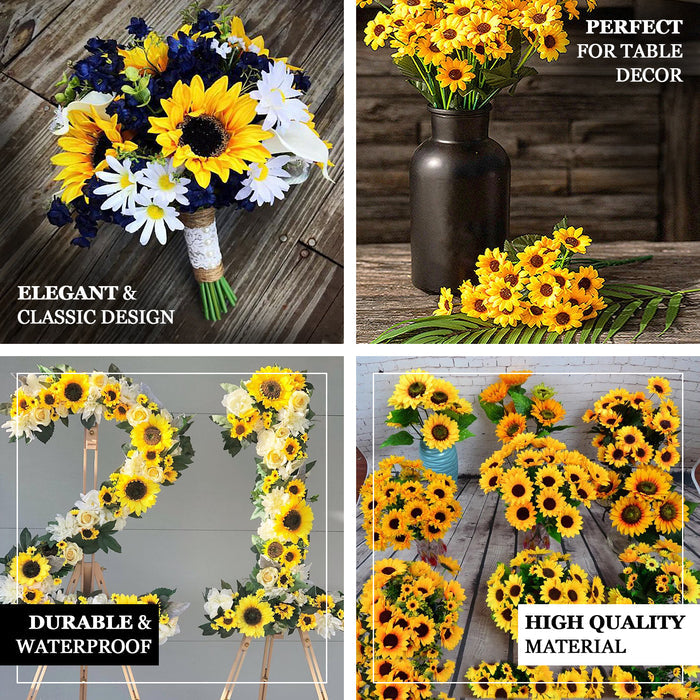 5 Bushes | 70 Yellow Artificial Silk Blossomed Sunflowers | Vase Decor