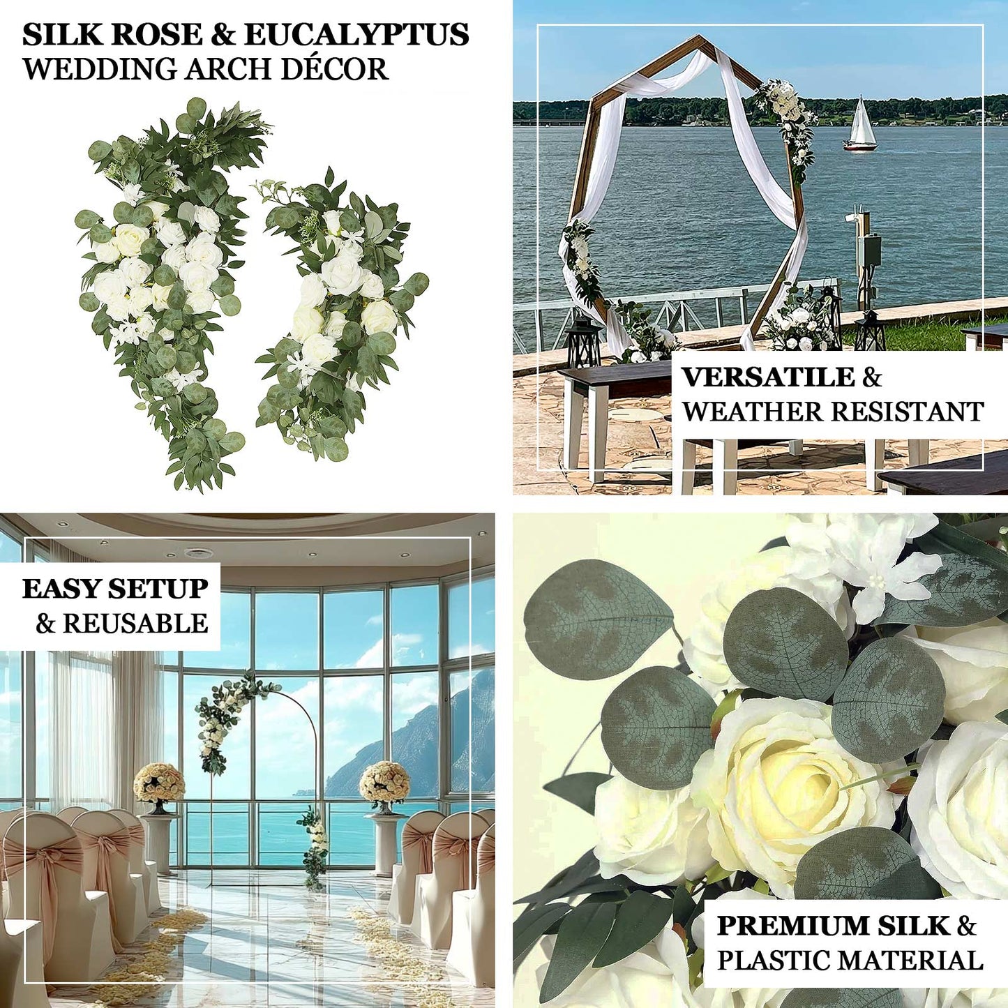 Set of 2 Silk Rose Floral Swag Wedding Arch Flowers in White with Eucalyptus Leaves, Large Artificial Flower Arrangement Garlands - 24",42"