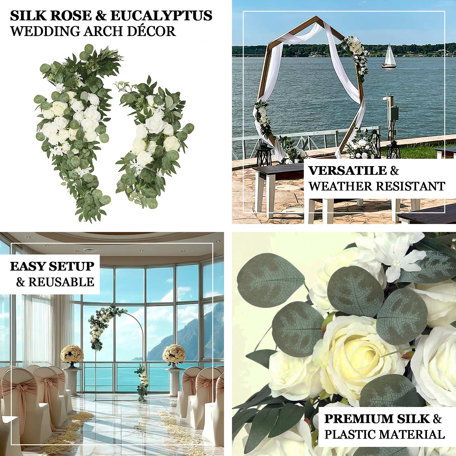 Set of 2 White Silk Rose Wedding Arch Flowers with Eucalyptus Leaves, Artificial Floral Swag Arrangement Party Decorations - 20",30"