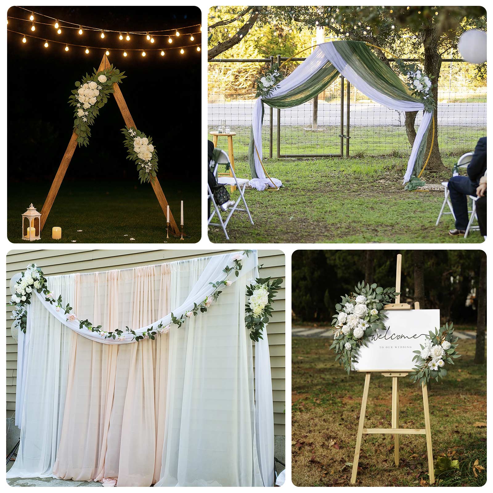 Set of 2 Silk Rose Floral Swag Wedding Arch Flowers in Cream Blush with Eucalyptus Leaves, Large Artificial Flower Arrangement Garlands - 24",42"