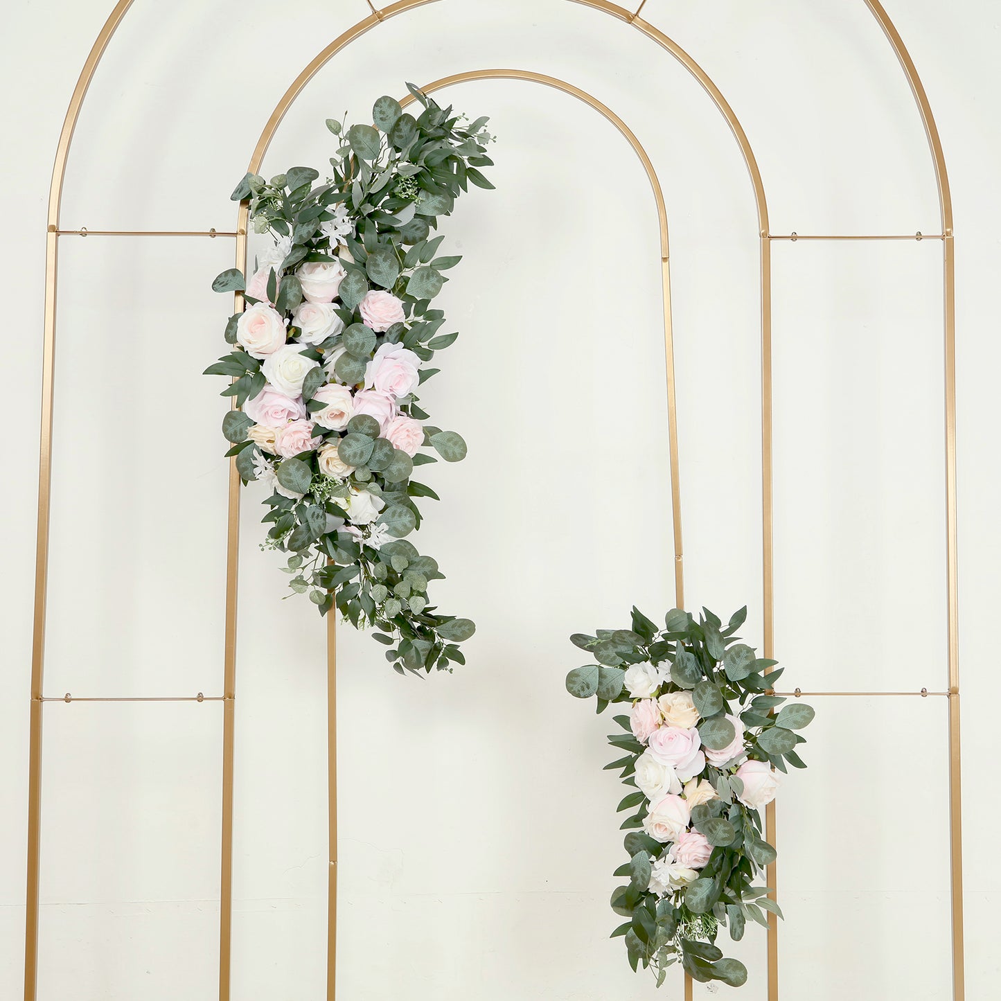 Set of 2 Silk Rose Floral Swag Wedding Arch Flowers in Cream Blush with Eucalyptus Leaves, Large Artificial Flower Arrangement Garlands - 24",42"