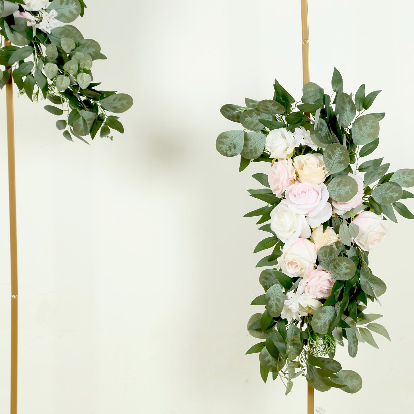 Set of 2 Silk Rose Floral Swag Wedding Arch Flowers in Cream Blush with Eucalyptus Leaves, Large Artificial Flower Arrangement Garlands - 24",42"