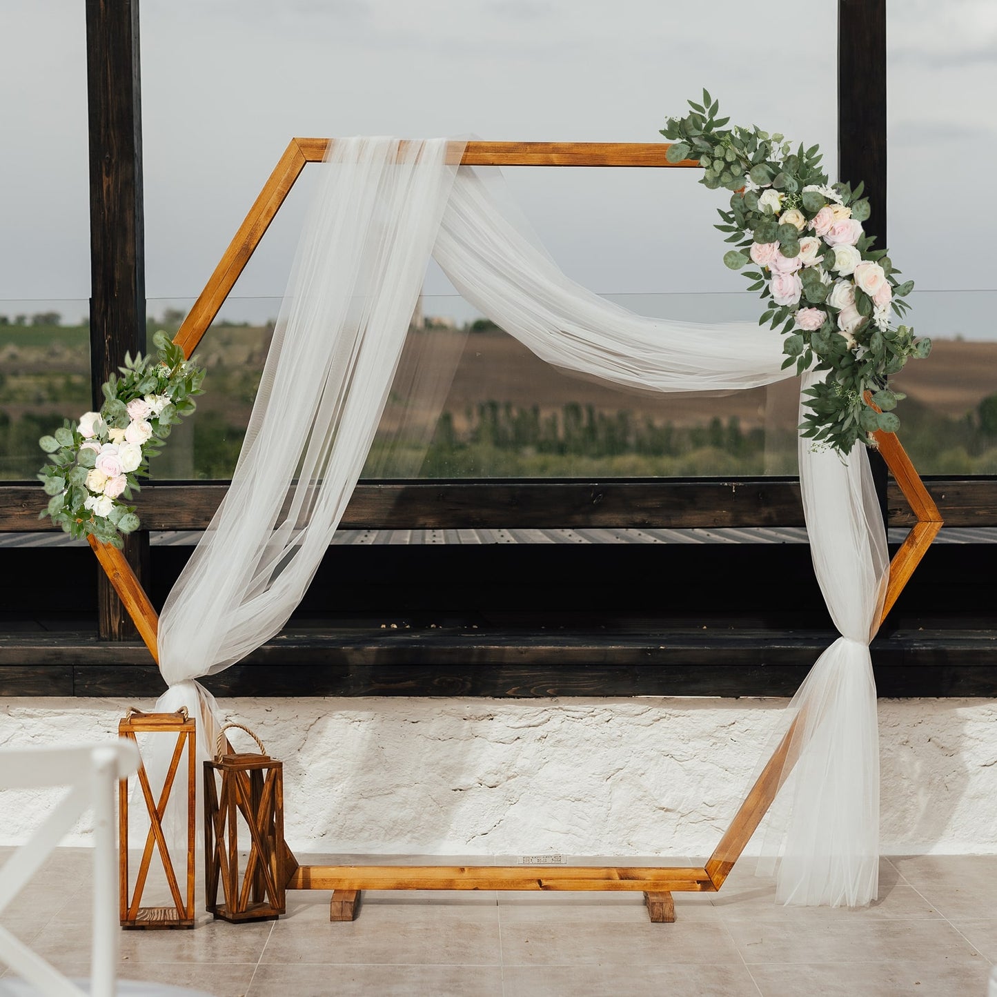 Set of 2 Silk Rose Floral Swag Wedding Arch Flowers in Cream Blush with Eucalyptus Leaves, Large Artificial Flower Arrangement Garlands - 24",42"