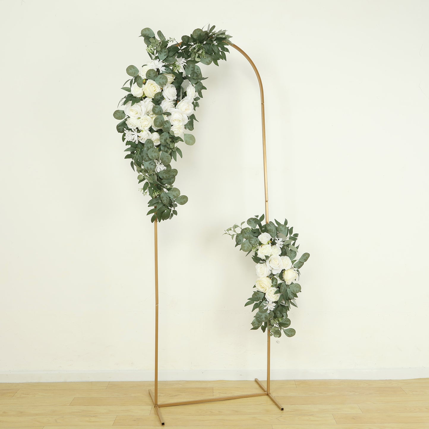 Set of 2 Silk Rose Floral Swag Wedding Arch Flowers in White with Eucalyptus Leaves, Large Artificial Flower Arrangement Garlands - 24",42"