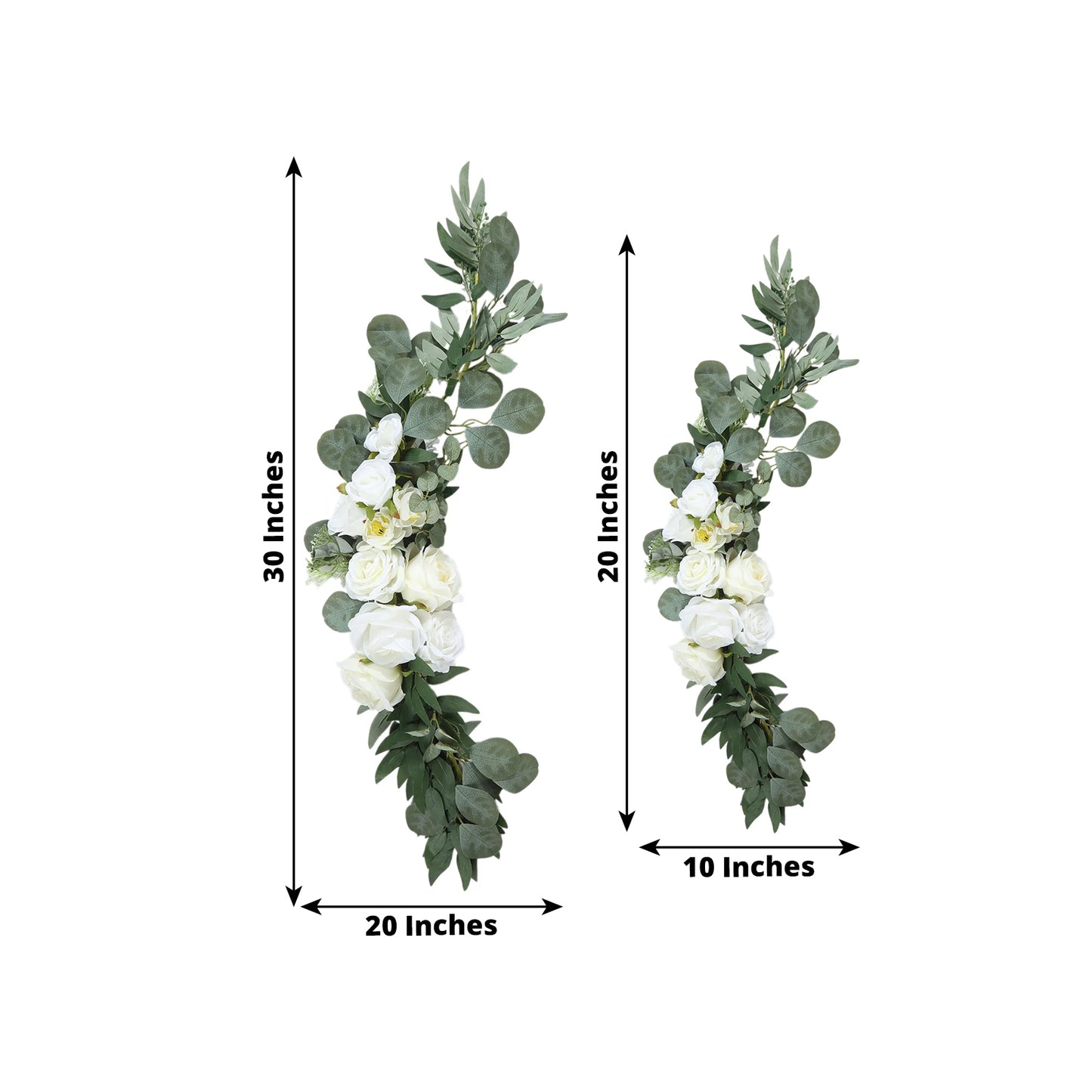 Set of 2 White Silk Rose Wedding Arch Flowers with Eucalyptus Leaves, Artificial Floral Swag Arrangement Party Decorations - 20",30"