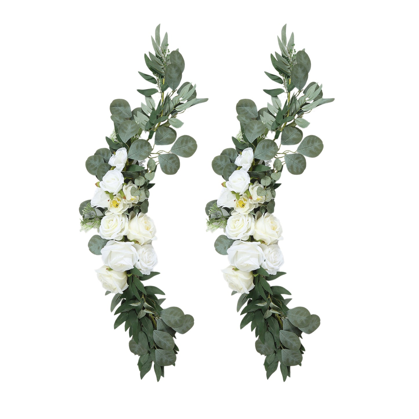 Set of 2 White Silk Rose Wedding Arch Flowers with Eucalyptus Leaves, Artificial Floral Swag Arrangement Party Decorations - 20",30"