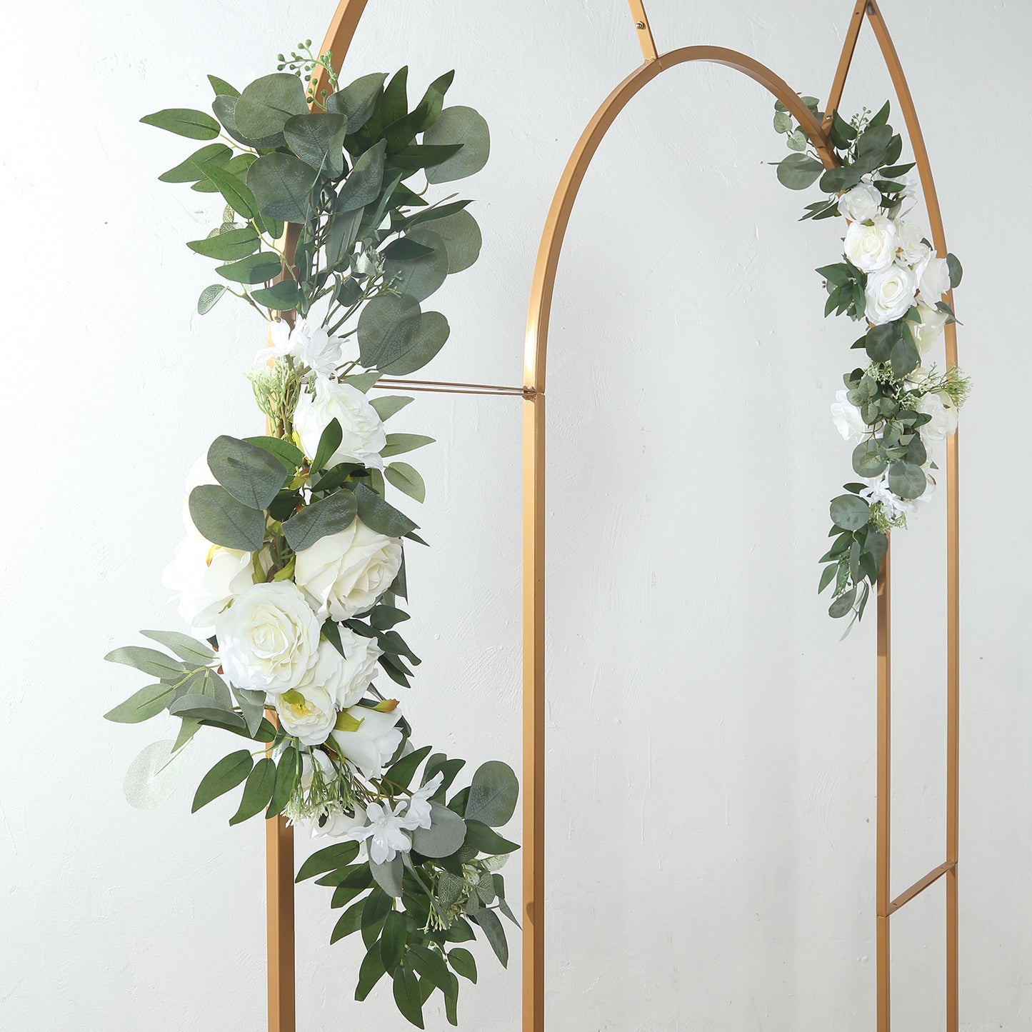 Set of 2 White Silk Rose Wedding Arch Flowers with Eucalyptus Leaves, Artificial Floral Swag Arrangement Party Decorations - 20",30"