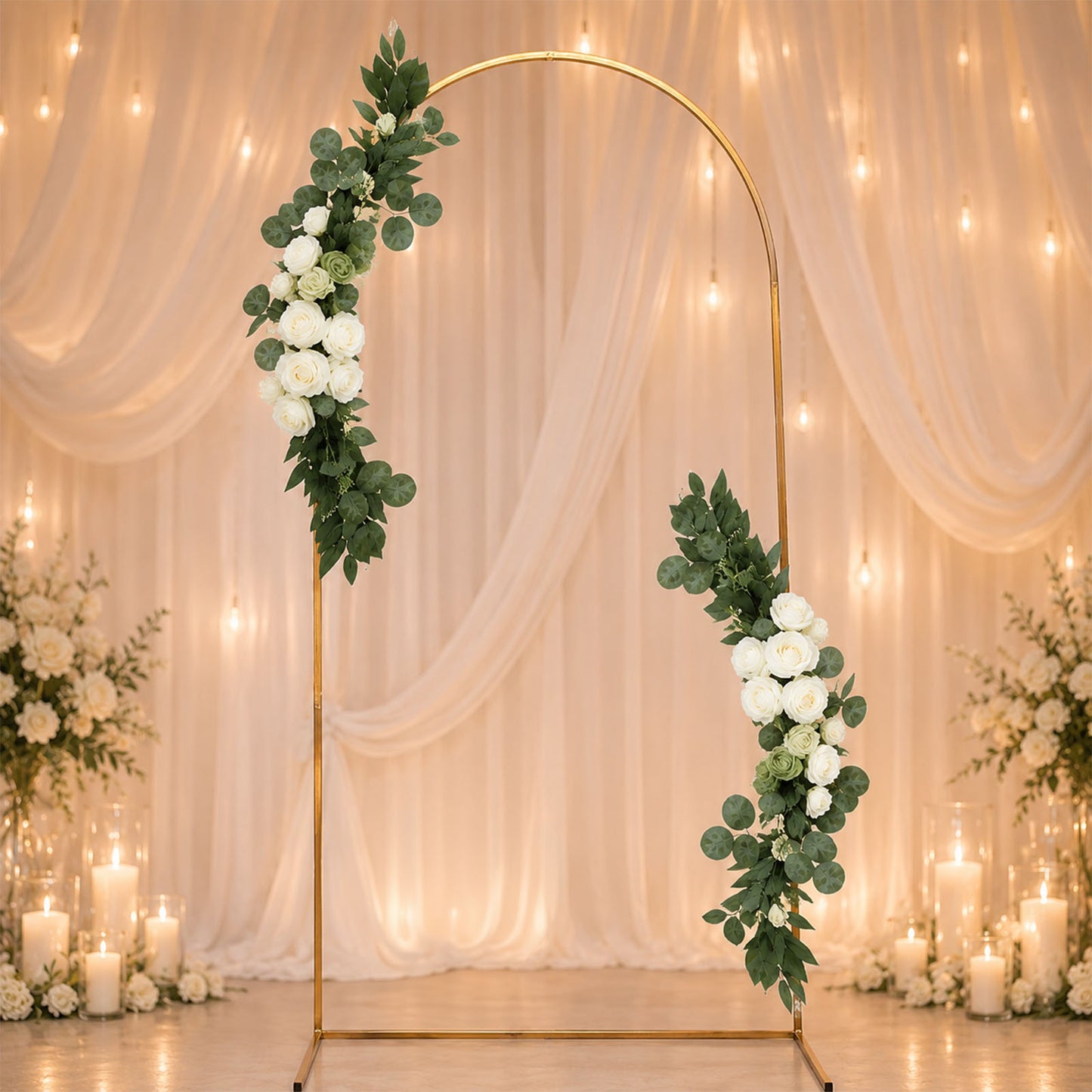 Set of 2 White Silk Rose Wedding Arch Flowers with Eucalyptus Leaves, Artificial Floral Swag Arrange