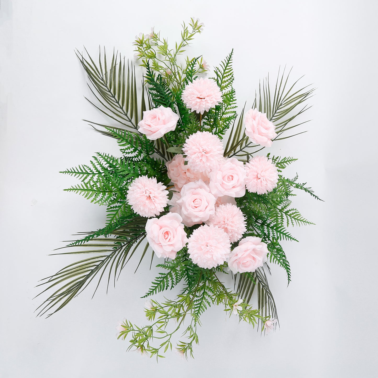 Artificial Wedding Arch Flowers – Blush Rose & Chrysanthemum Swag with Greenery and Palm Leaves