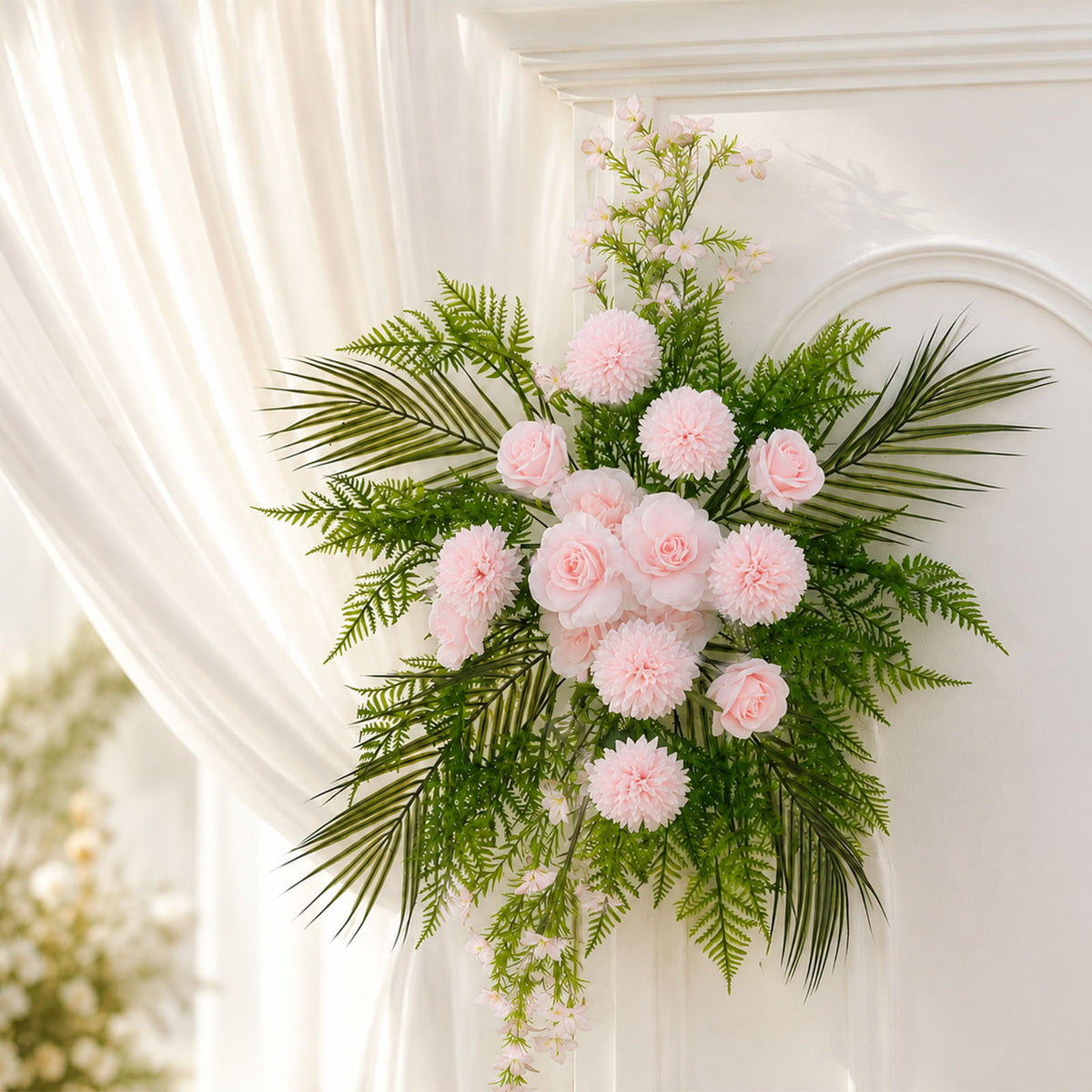 Artificial Wedding Arch Flowers – Blush Rose & Chrysanthemum Swag with Greenery and Palm Leaves