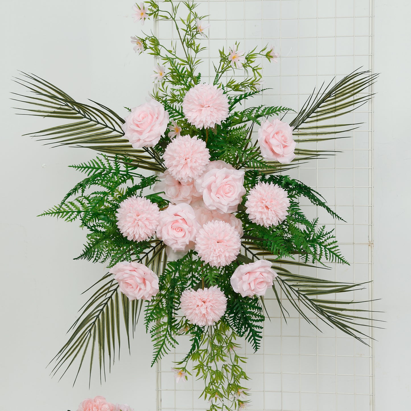Artificial Wedding Arch Flowers – Blush Rose & Chrysanthemum Swag with Greenery and Palm Leaves