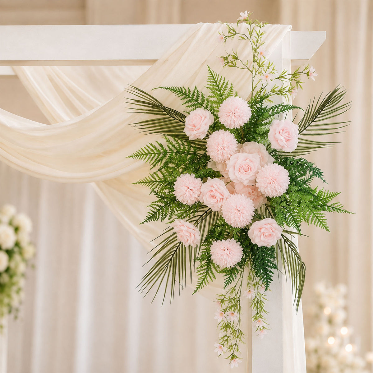 Artificial Wedding Arch Flowers – Blush Rose & Chrysanthemum Swag with Greenery and Palm Leaves