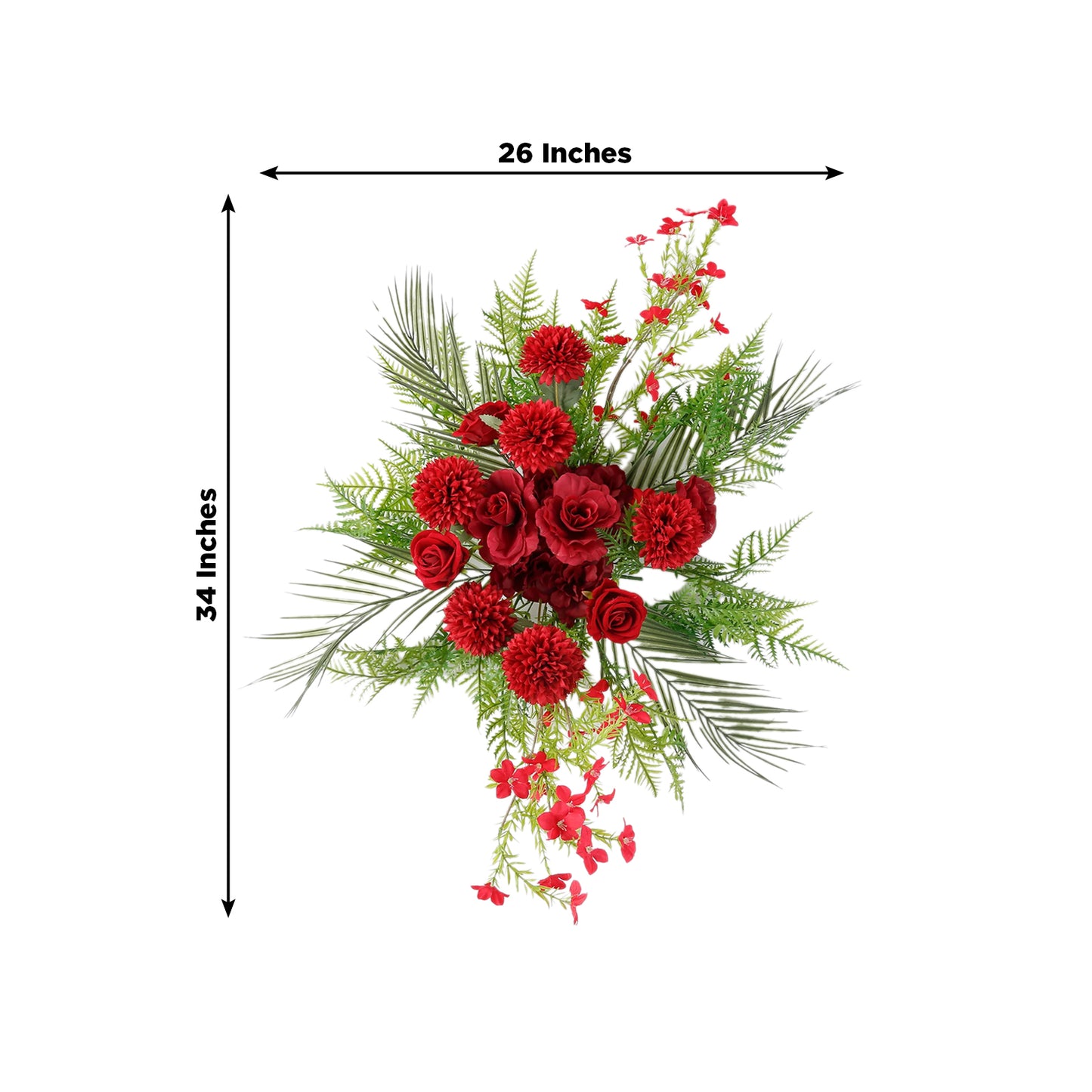 Artificial Wedding Arch Flowers – Burgundy Rose & Chrysanthemum Swag with Greenery and Palm Leaves