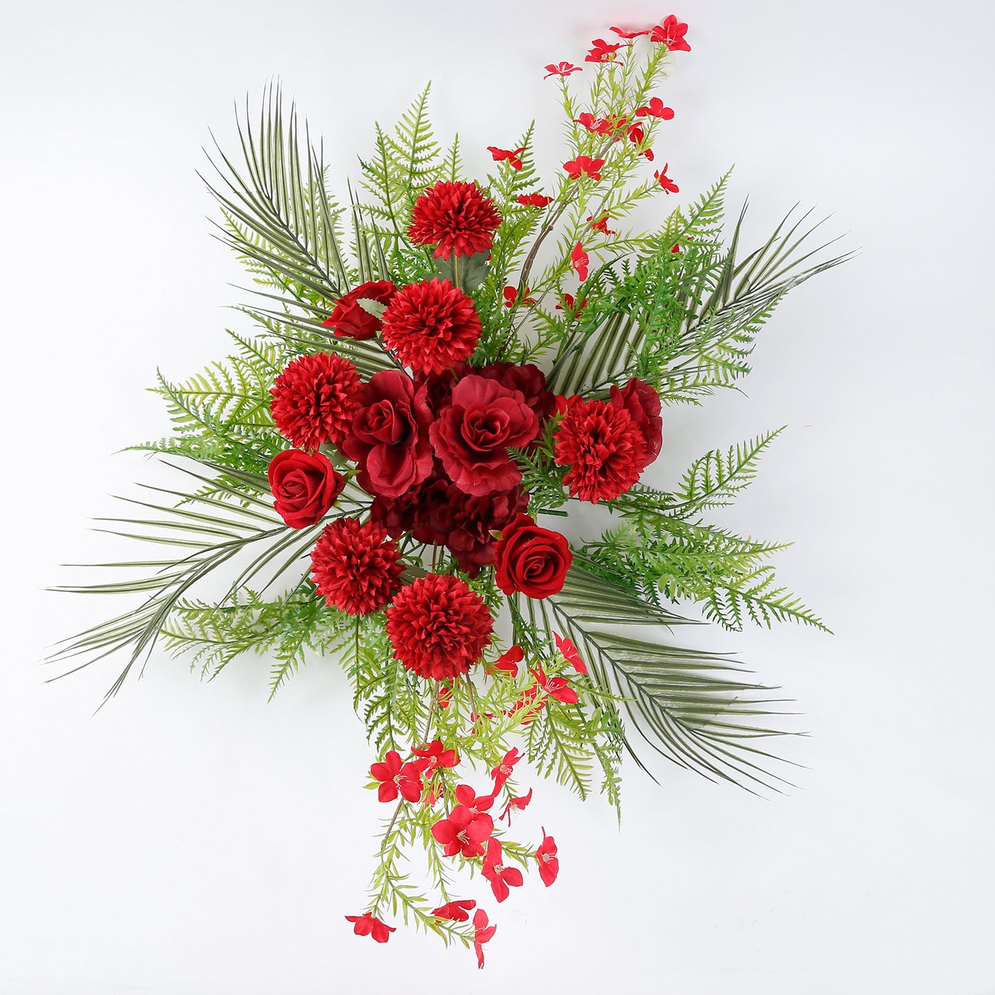 Artificial Wedding Arch Flowers – Burgundy Rose & Chrysanthemum Swag with Greenery and Palm Leaves