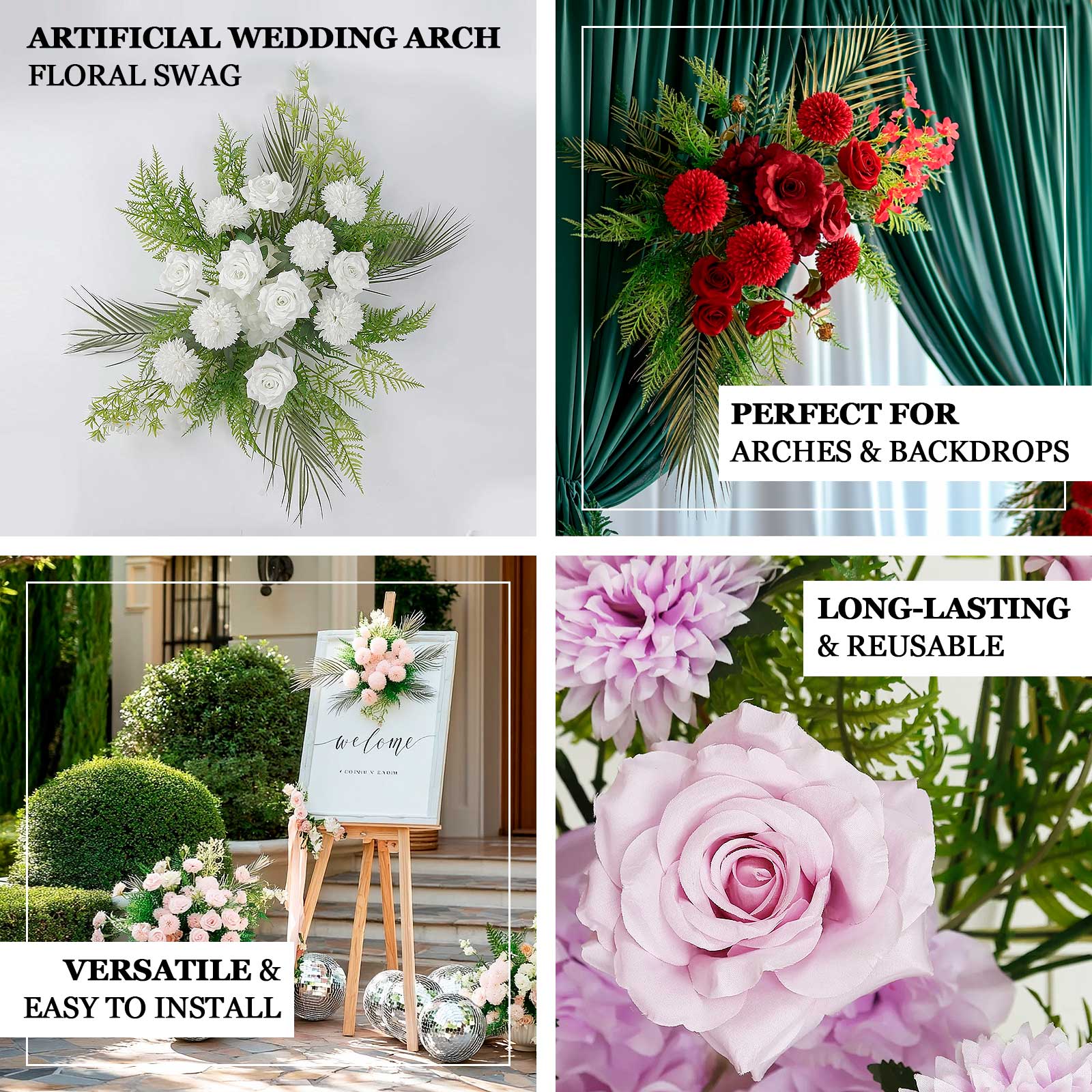 Artificial Wedding Arch Flowers – Rose & Chrysanthemum Swag with Greenery and Palm Leaves