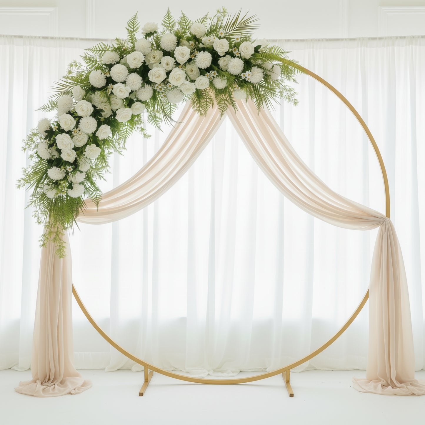 Ivory rose and chrysanthemum wedding arch with greenery and palm leaves.