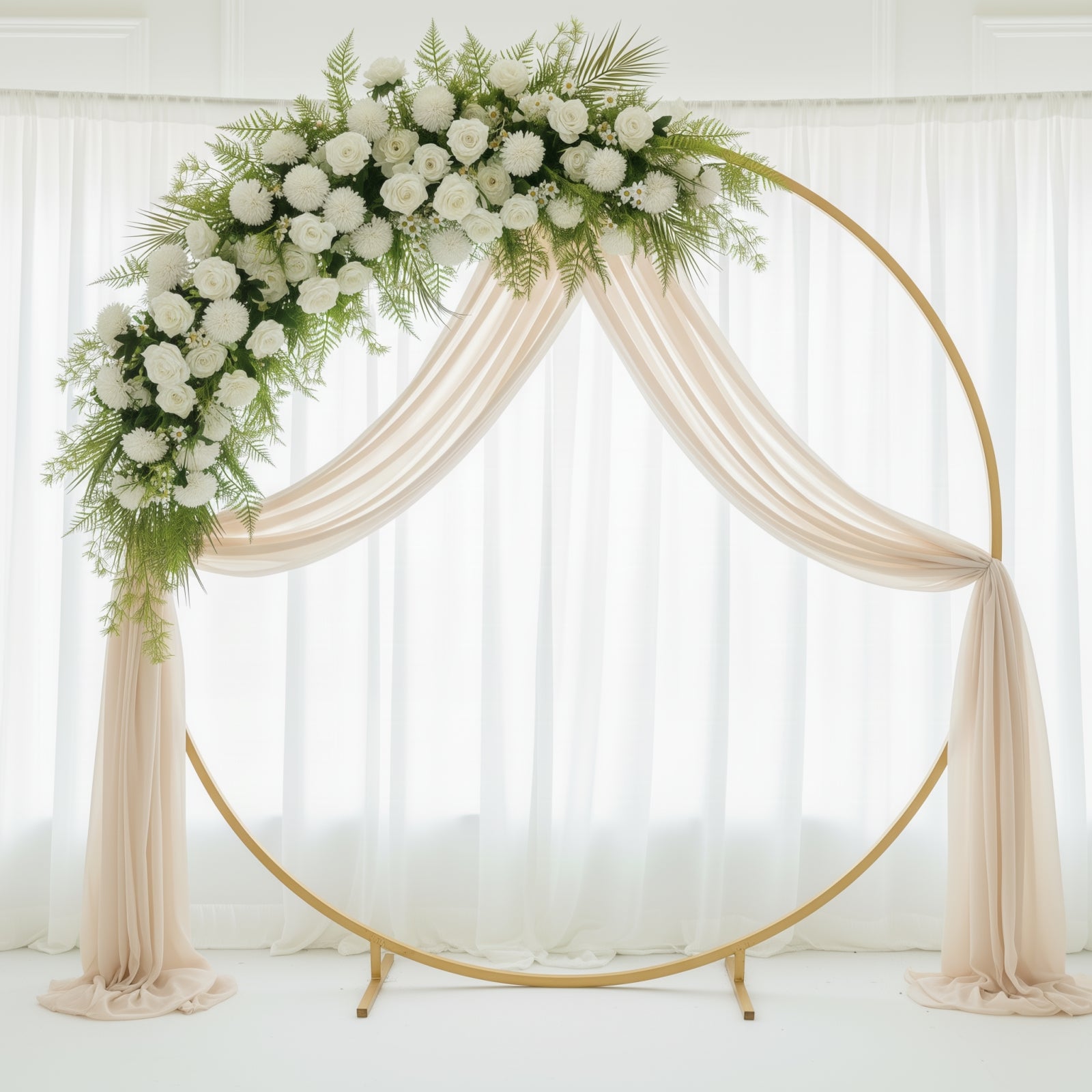 Ivory rose and chrysanthemum wedding arch with greenery and palm leaves.