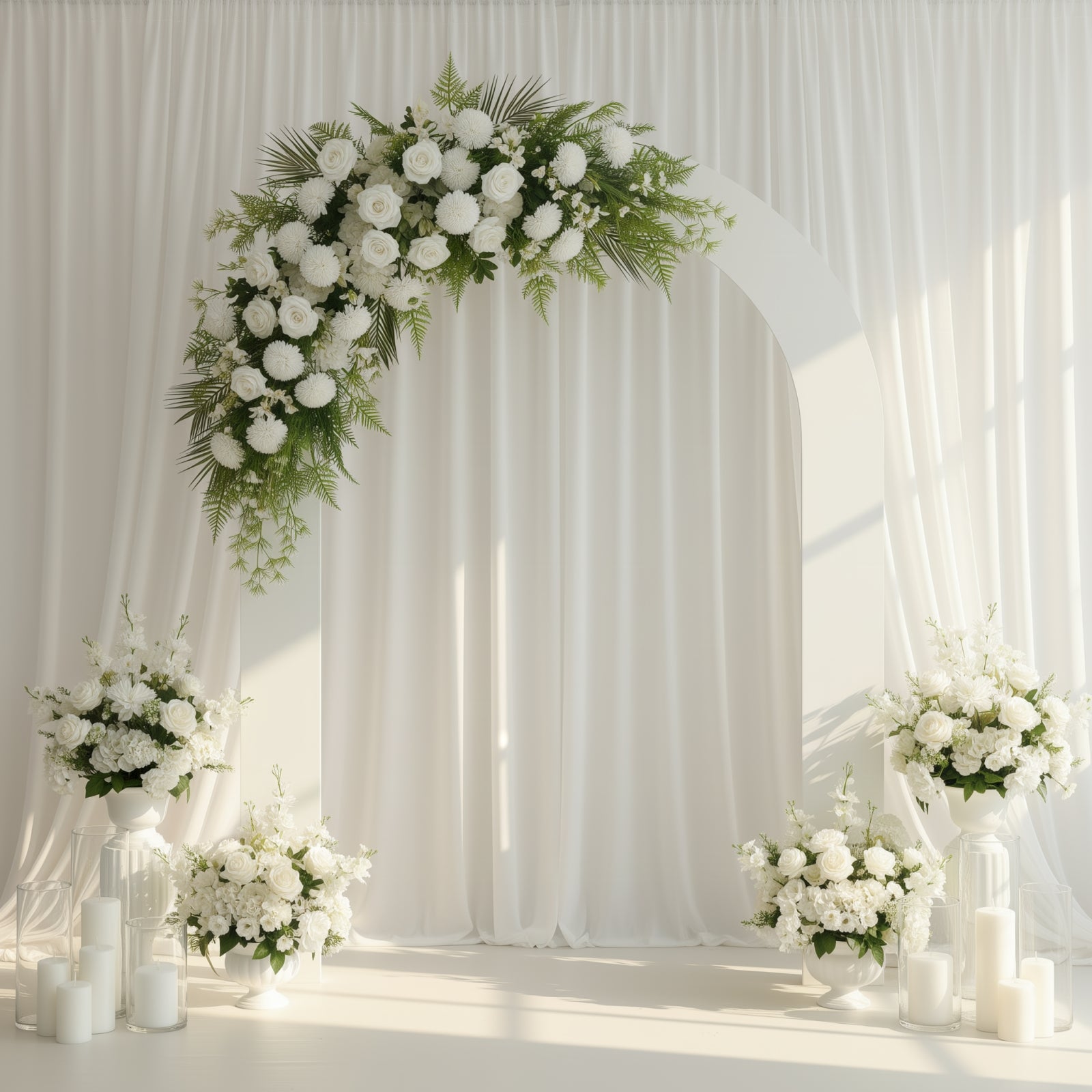 Ivory rose and chrysanthemum wedding arch with greenery and palm leaves.