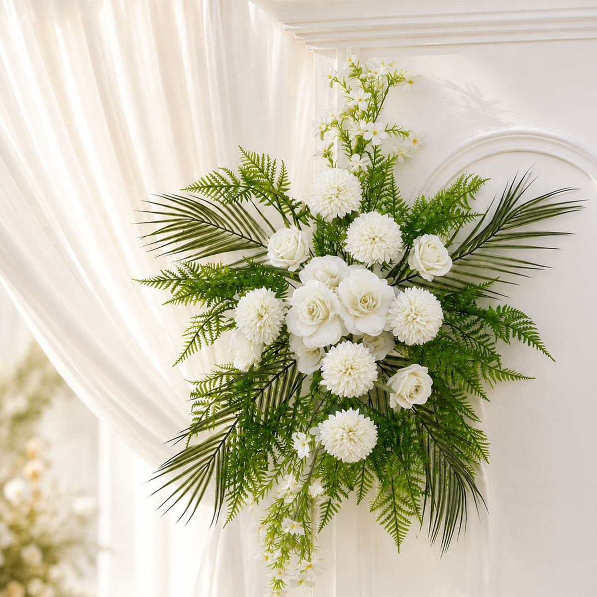 Artificial Wedding Arch Flowers – Ivory Rose & Chrysanthemum Swag with Greenery and Palm Leaves
