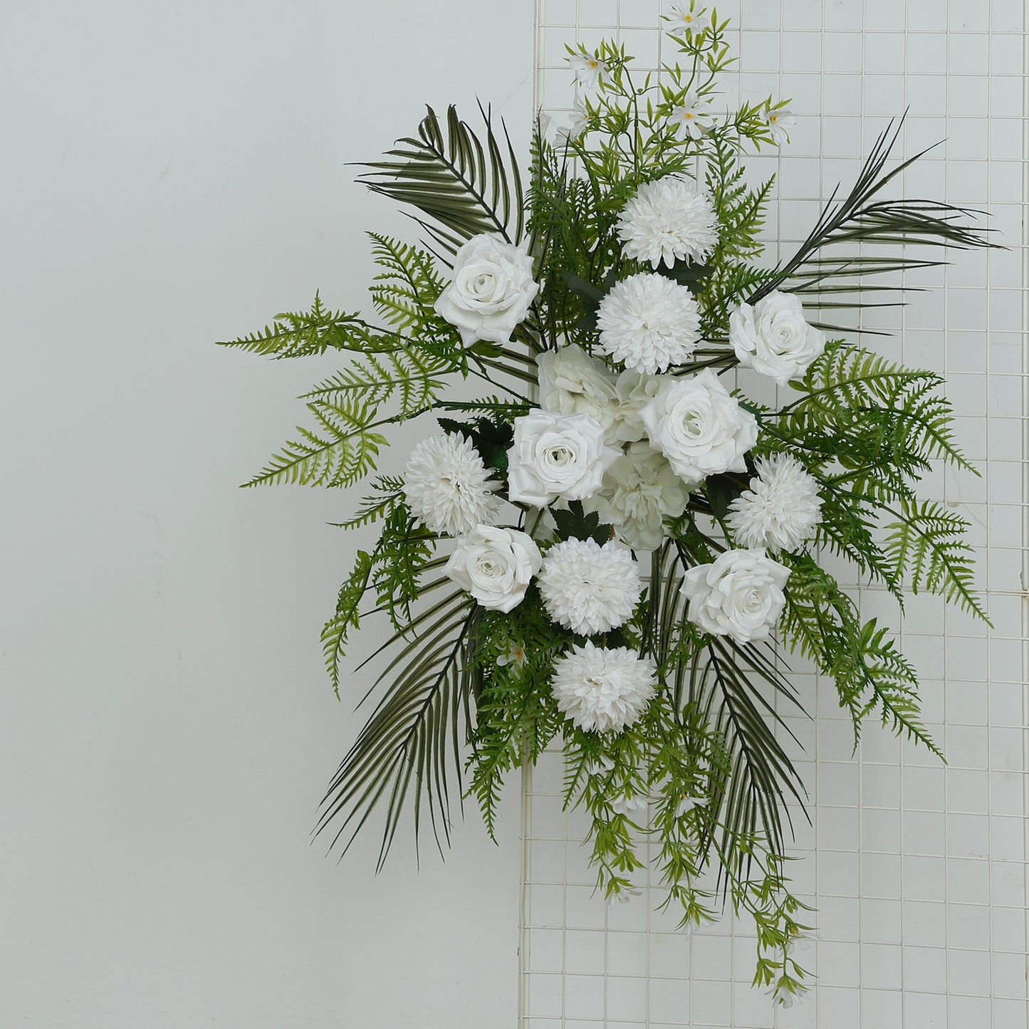 Artificial Wedding Arch Flowers – Ivory Rose & Chrysanthemum Swag with Greenery and Palm Leaves