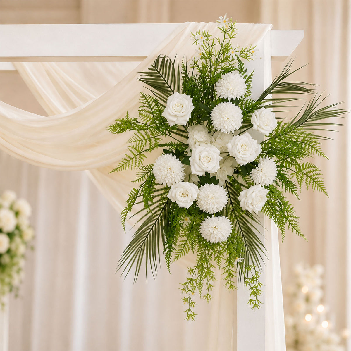 Artificial Wedding Arch Flowers – Ivory Rose & Chrysanthemum Swag with Greenery and Palm Leaves