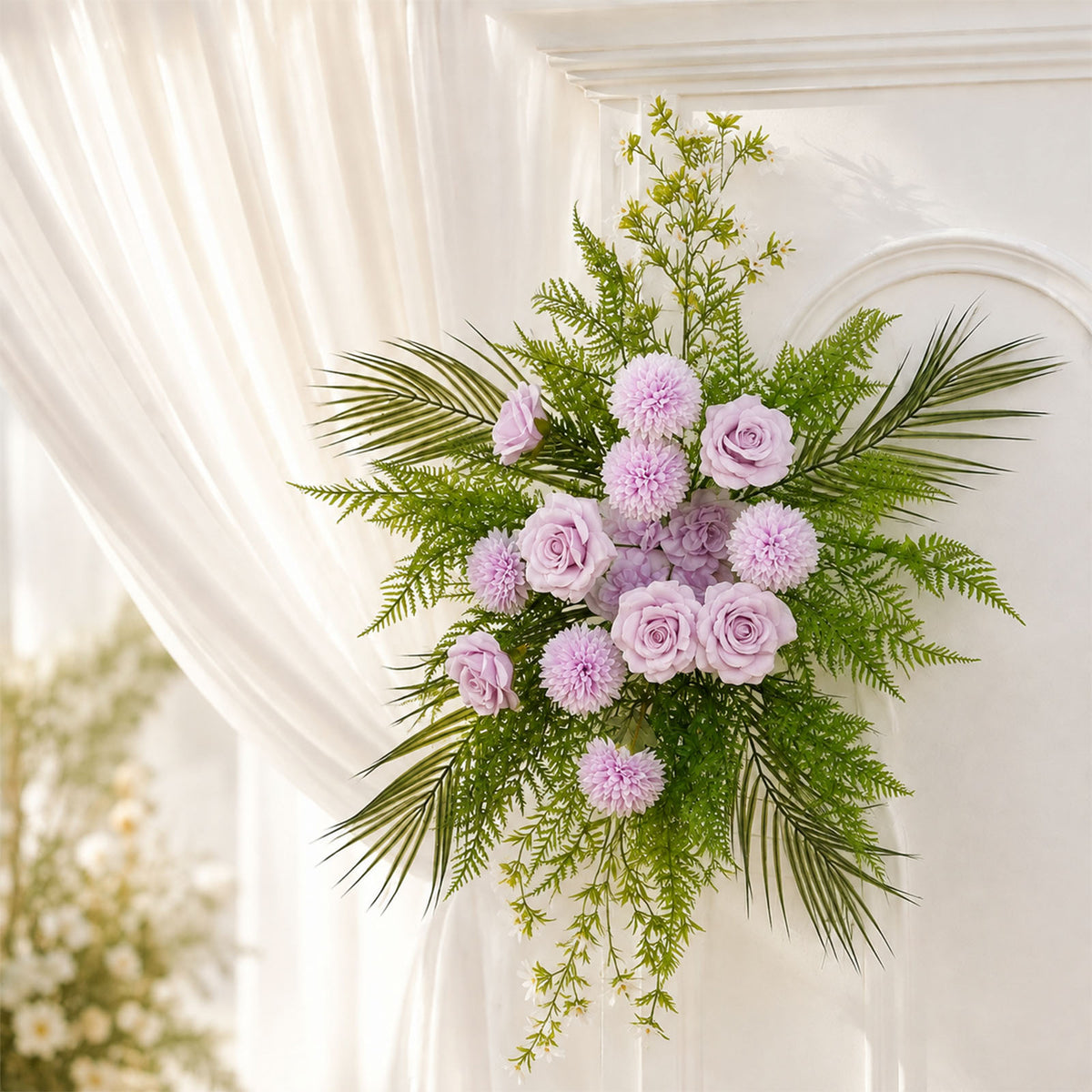 Artificial Wedding Arch Flowers – Lavender Lilac Rose & Chrysanthemum Swag with Greenery and Palm Le