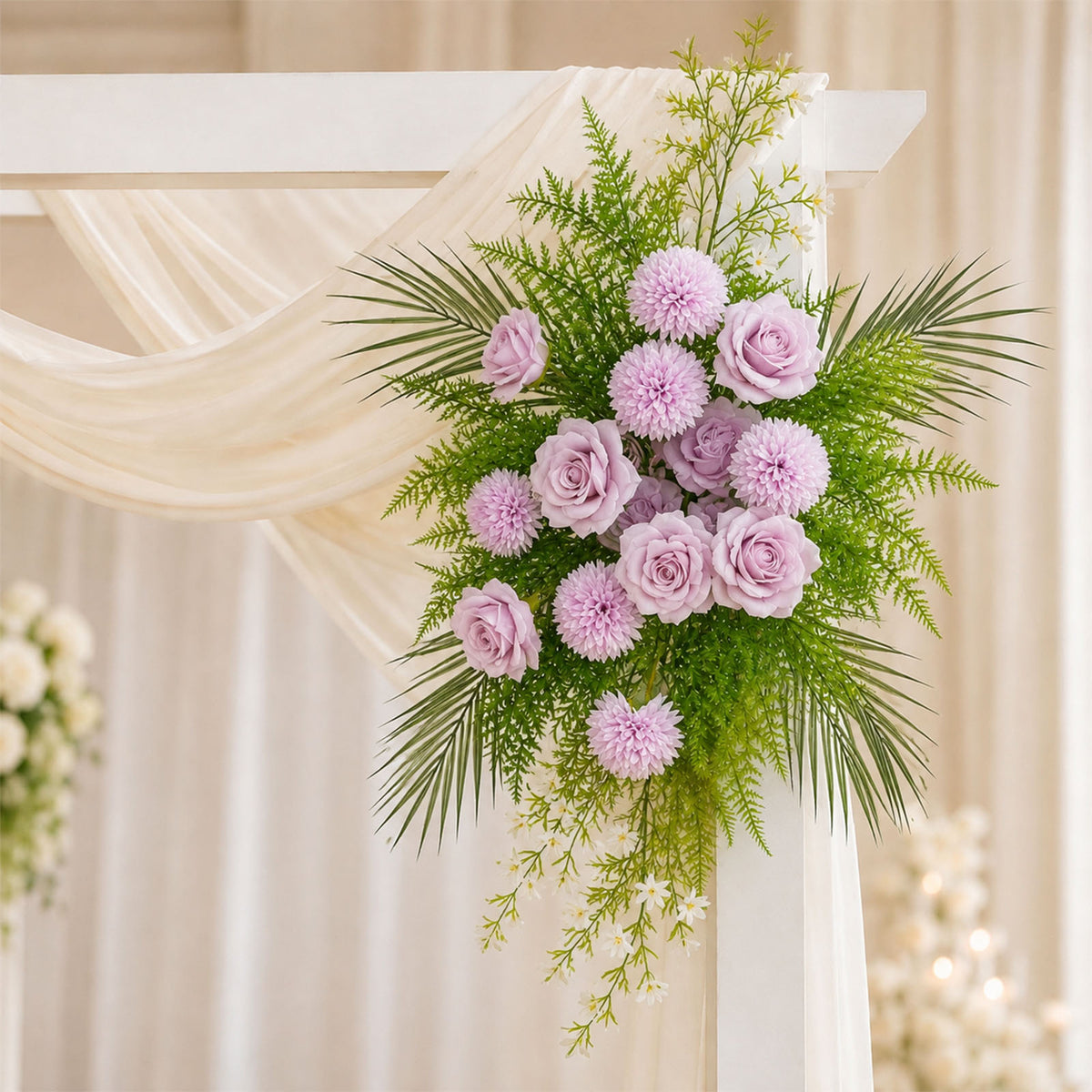 Artificial Wedding Arch Flowers – Lavender Lilac Rose & Chrysanthemum Swag with Greenery and Palm Le