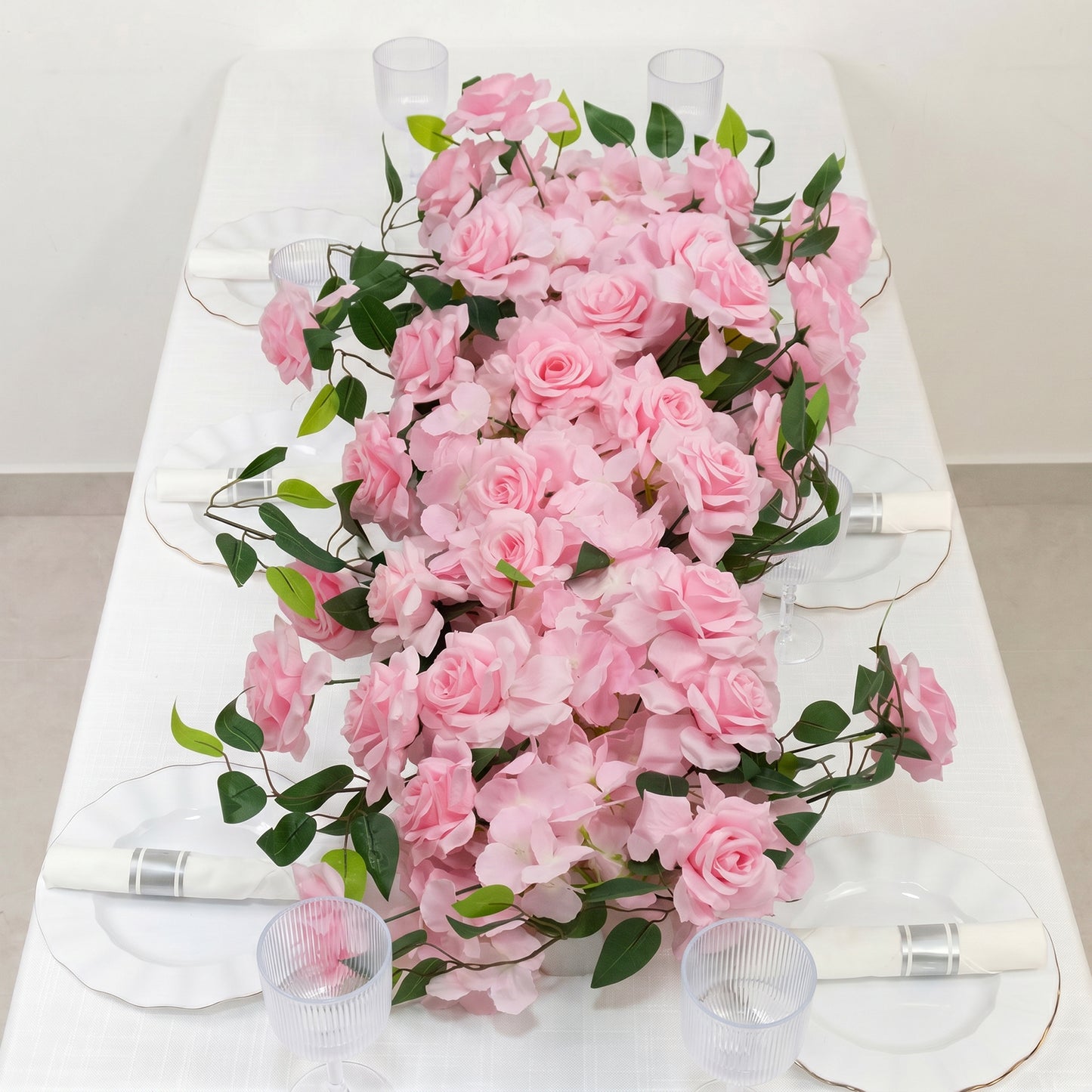 2 Pack Floral Swags for Wedding Arch, Artificial Silk Blush Rose & Hydrangea Flowers with Leaves for