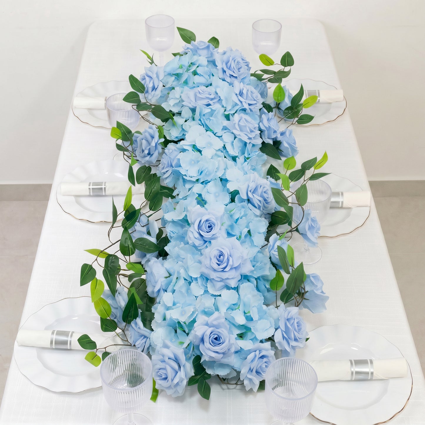 2 Pack Floral Swags for Wedding Arch, Artificial Silk Light Blue Rose & Hydrangea Flowers with Leave