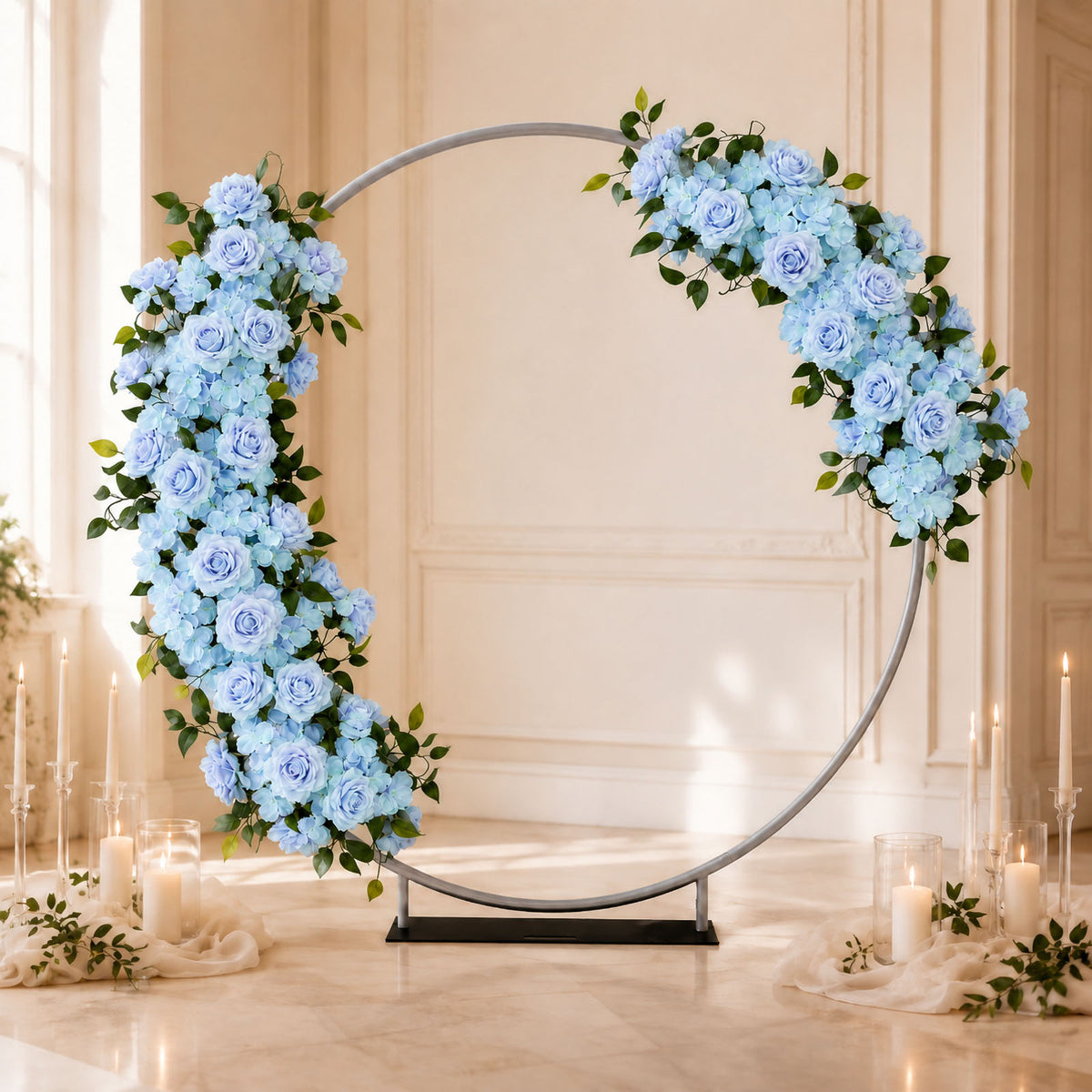 2 Pack Floral Swags for Wedding Arch, Artificial Silk Light Blue Rose & Hydrangea Flowers with Leave
