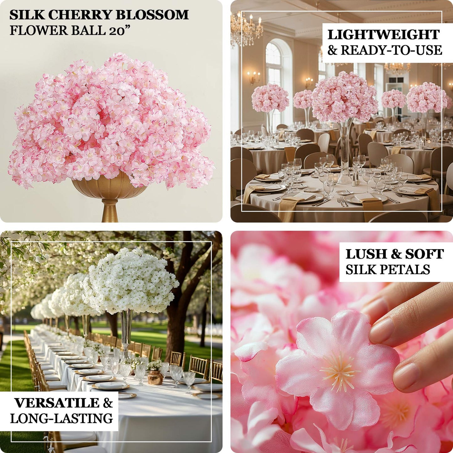 20" Pre-Arranged Artificial Cherry Blossom Centerpiece, Silk Flower Ball Arrangement