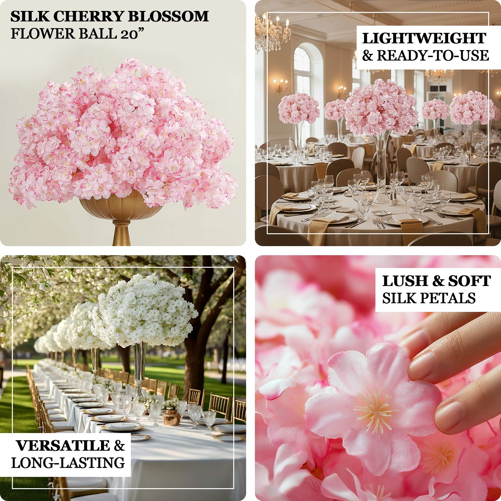 20" Pre-Arranged Artificial Cherry Blossom Centerpiece, Silk Flower Ball Arrangement
