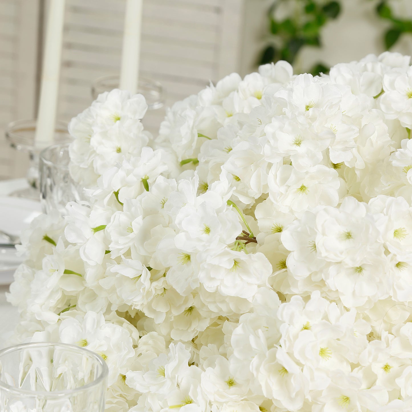 20" Pre-Arranged Artificial Cherry Blossom Centerpiece, White Silk Flower Ball Arrangement for Wedding & Event Tables