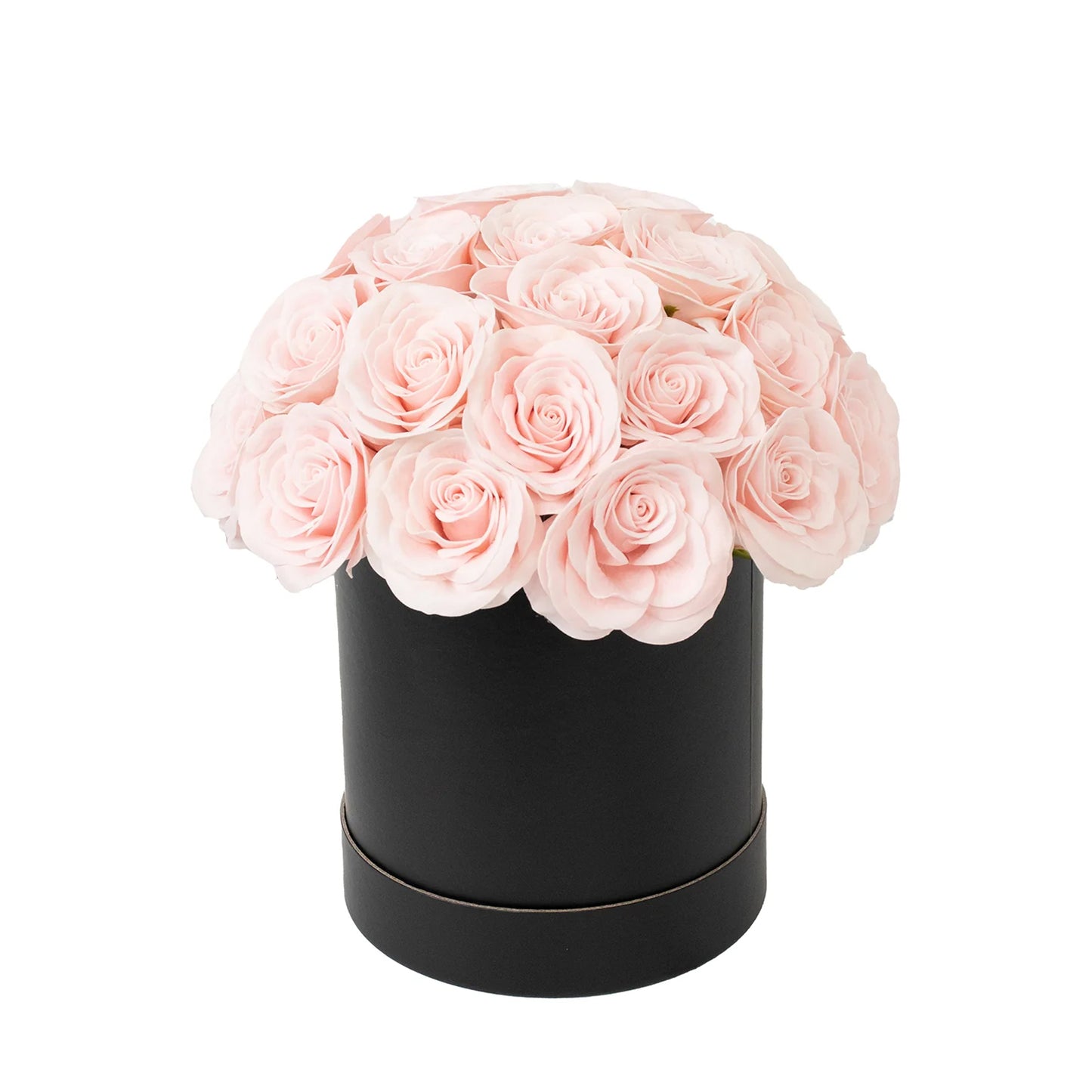 Blush rose centerpiece arrangement in a black round gift box.