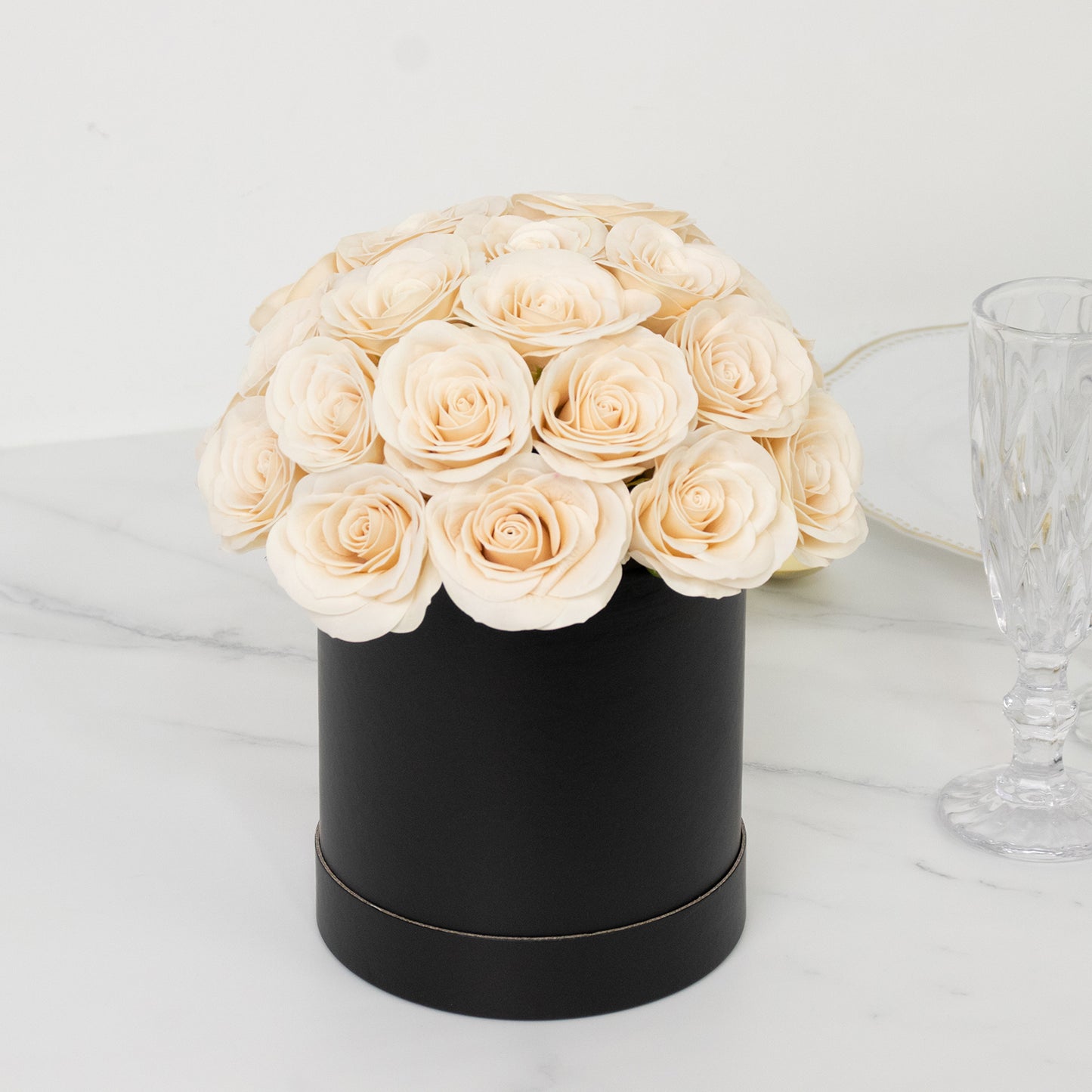 Ivory  Prearranged Rose Centerpiece Arrangement, 27pcs Roses with Black Round Gift Box