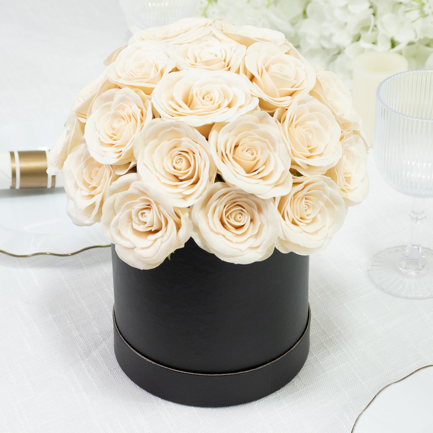 Ivory  Prearranged Rose Centerpiece Arrangement, 27pcs Roses with Black Round Gift Box