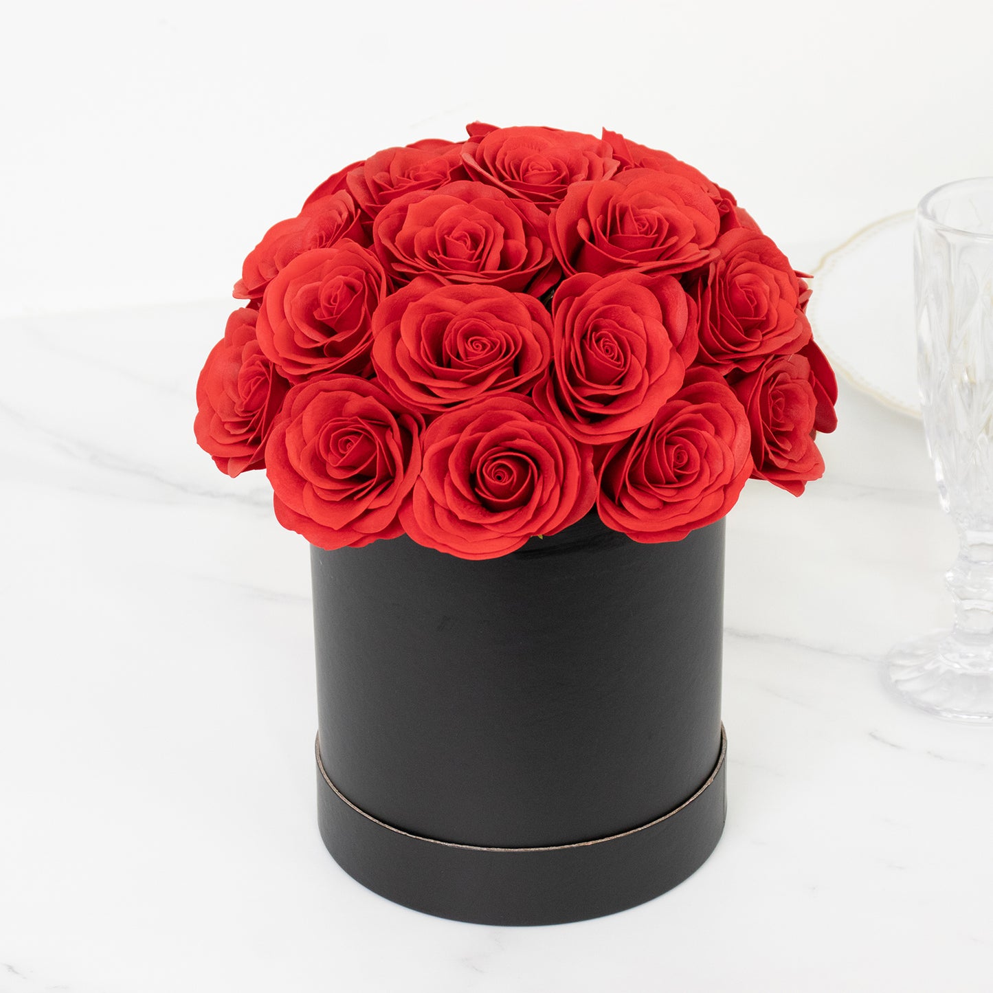 Red Prearranged Rose Centerpiece Arrangement, 27pcs Roses with Black Round Gift Box
