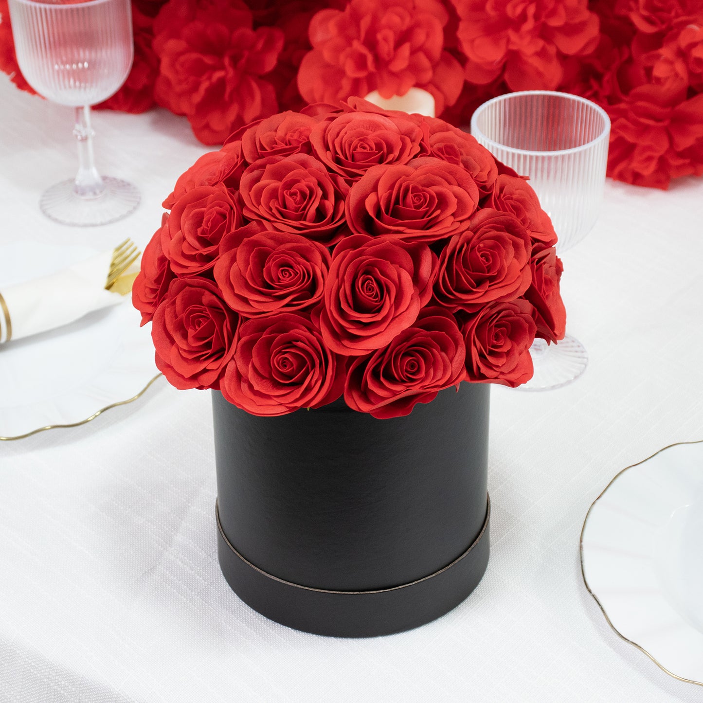 Red Prearranged Rose Centerpiece Arrangement, 27pcs Roses with Black Round Gift Box