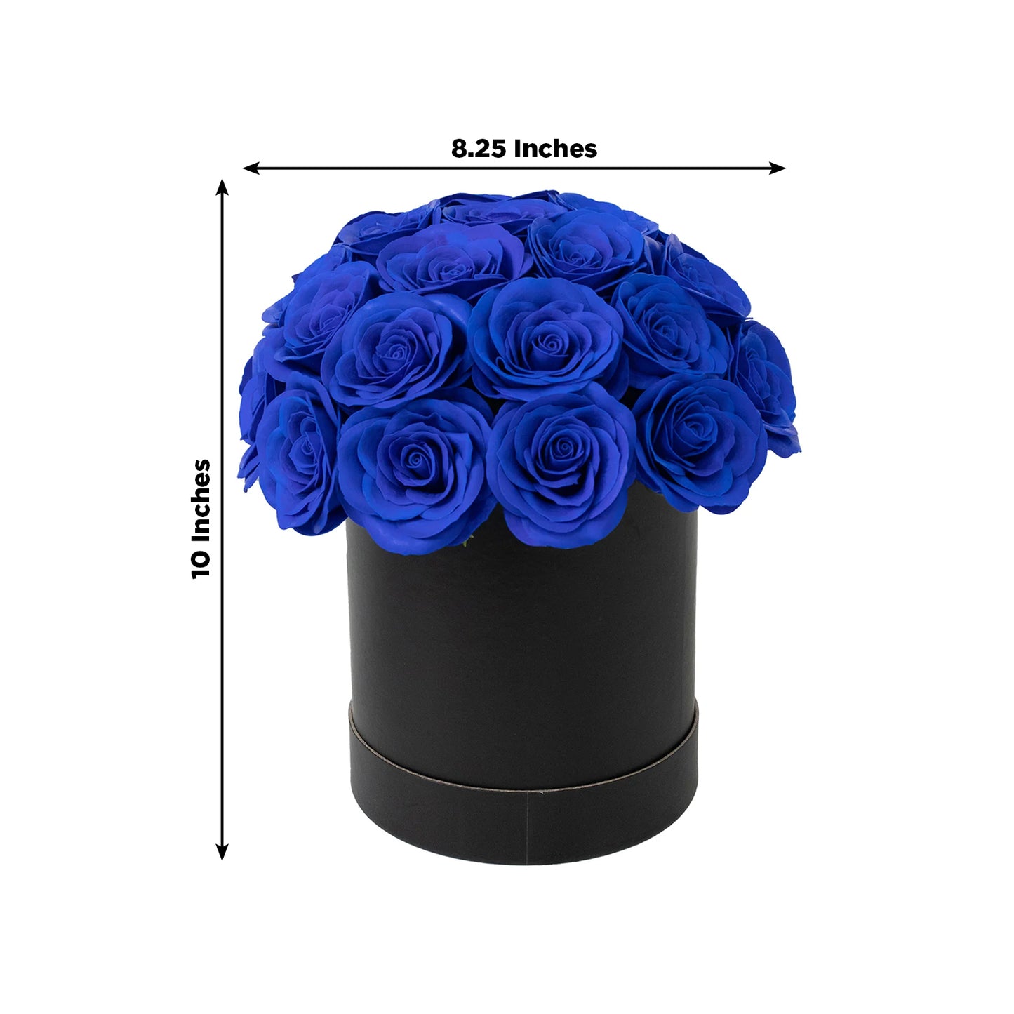 Royal blue rose centerpiece arrangement in a black round gift box.