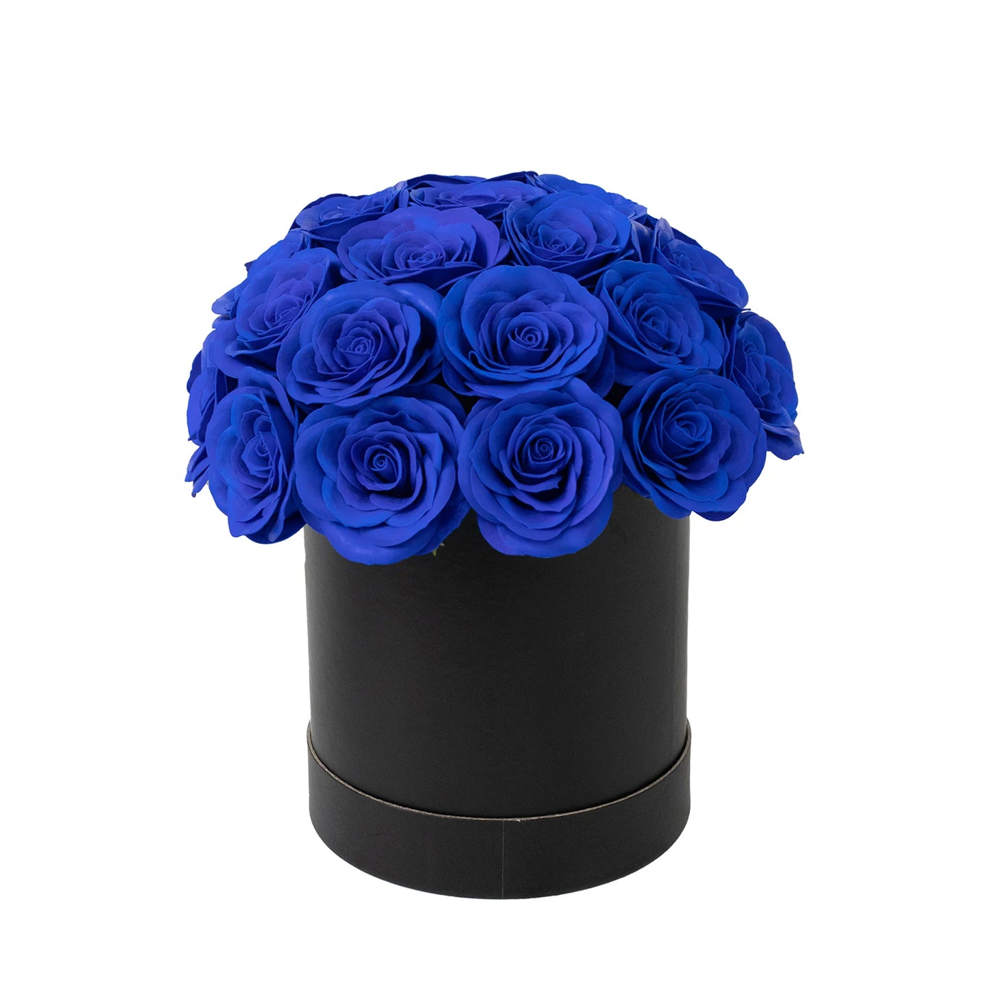 Royal blue rose centerpiece arrangement in a black round gift box.