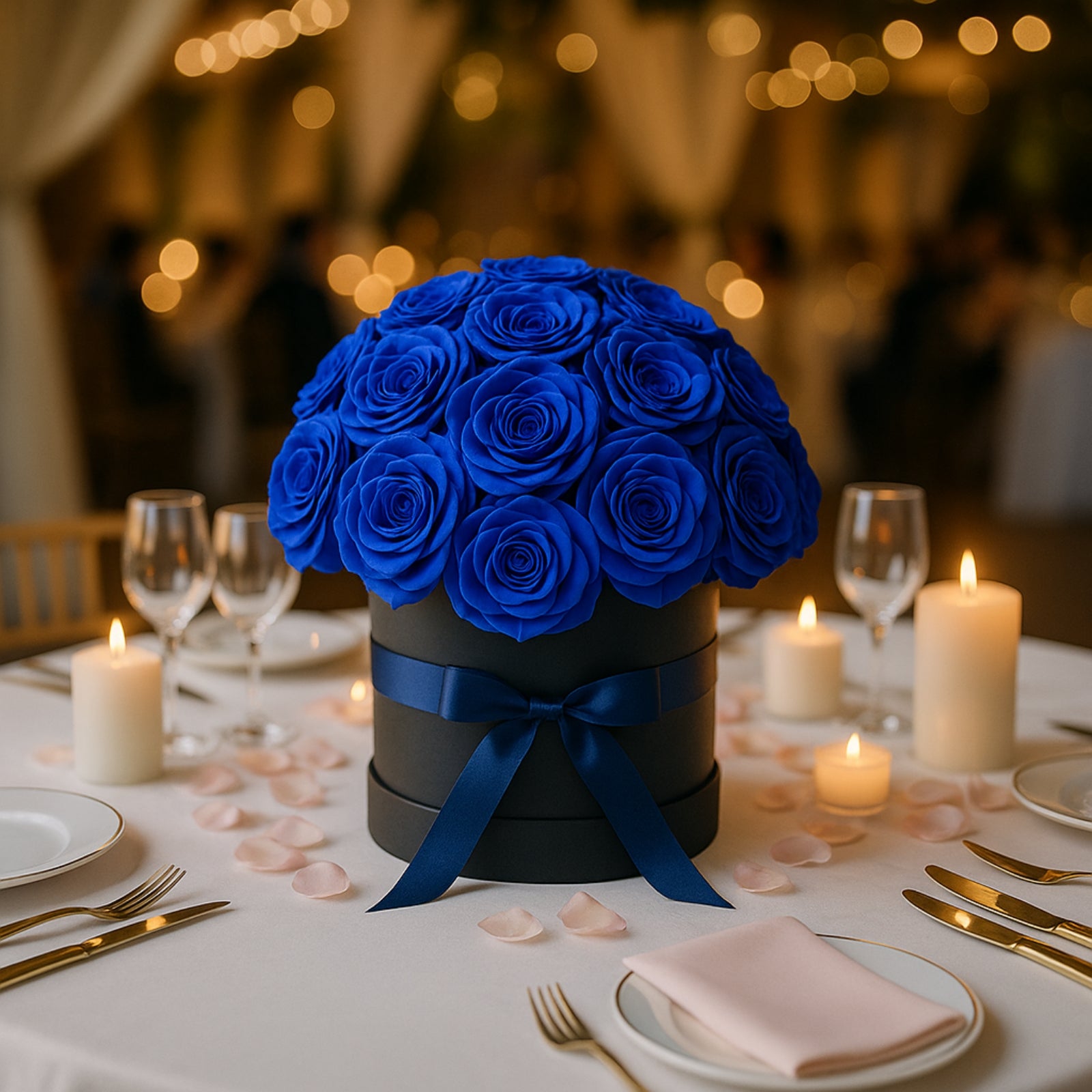 Royal blue rose centerpiece arrangement in a black round gift box.