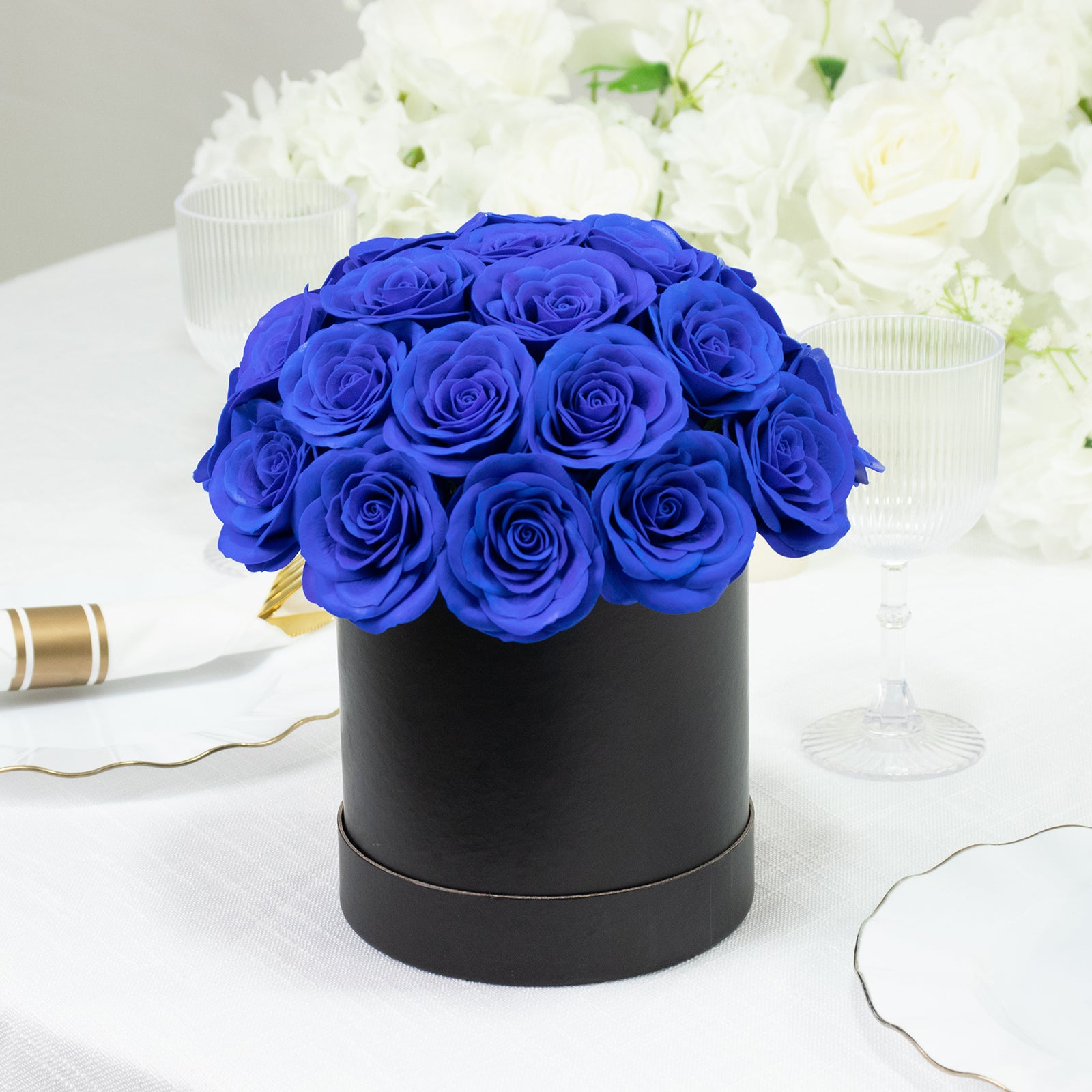 Royal Blue Rose Centerpiece Arrangement in Black Gift Box