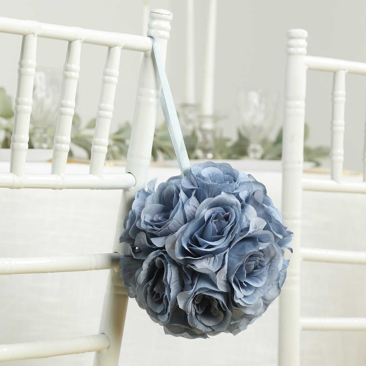 2 Pack 7" Dusty Blue Artificial Silk Rose Kissing Ball, Faux Flower Ball