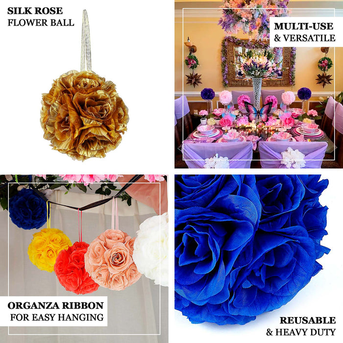 2 Pack | 7" Royal Blue Artificial Silk Rose Kissing Ball, Faux Flower Ball