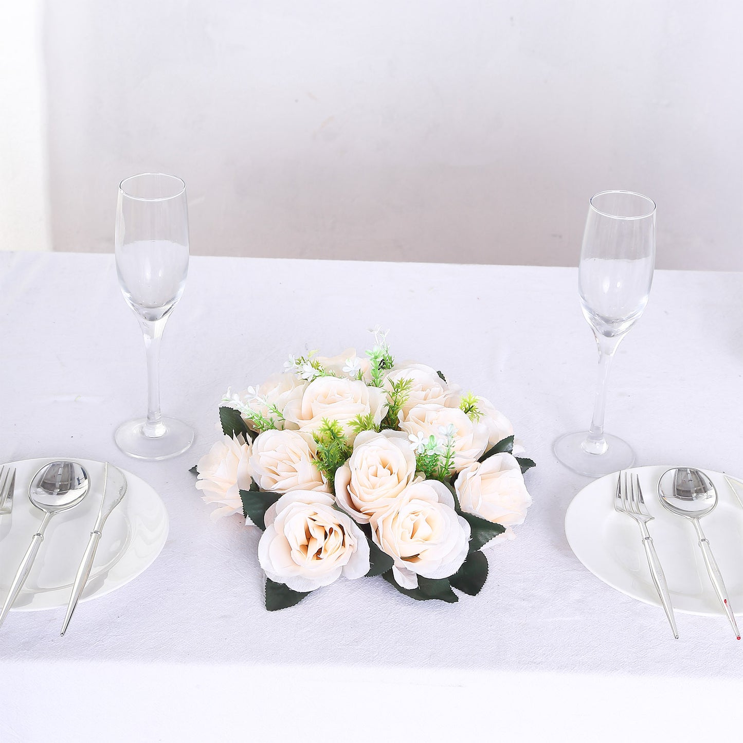 Cream silk rose flower ball centerpiece arrangement for tables.