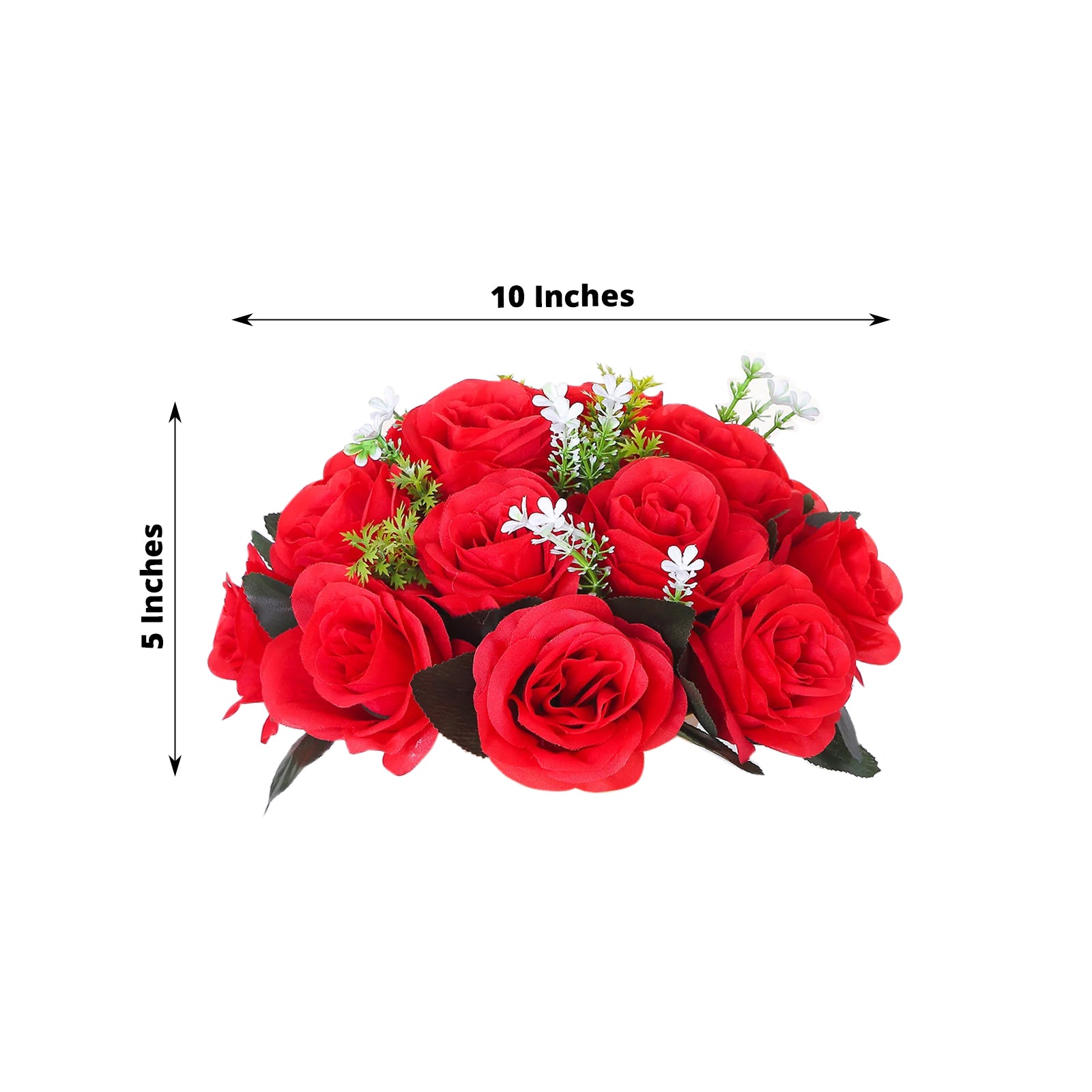 Red silk rose flower ball centerpiece arrangement, 10 inches in diameter.