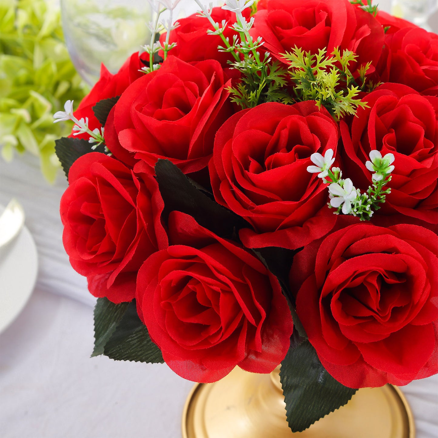 Red silk rose flower ball centerpiece arrangement.