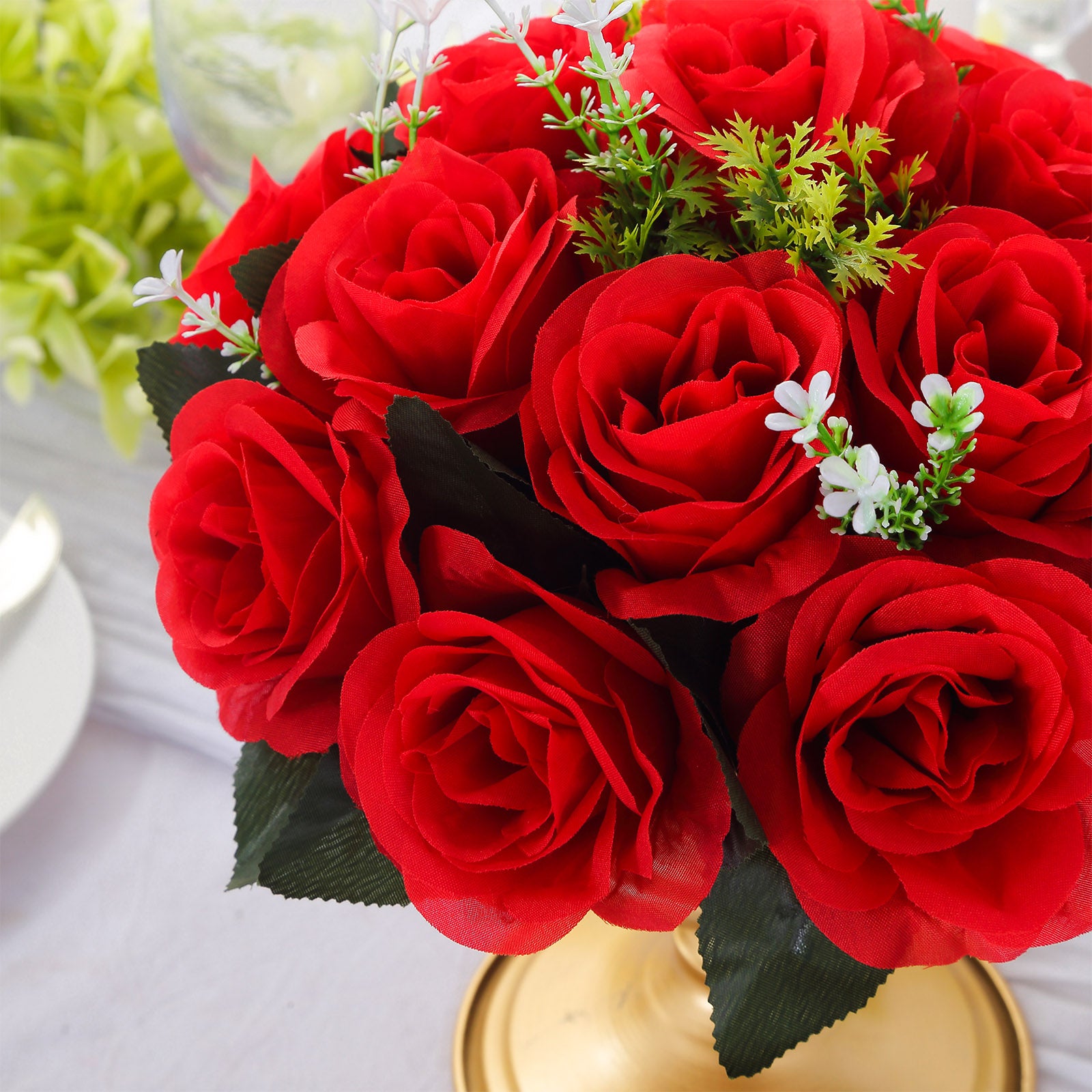 Red silk rose flower ball centerpiece arrangement.