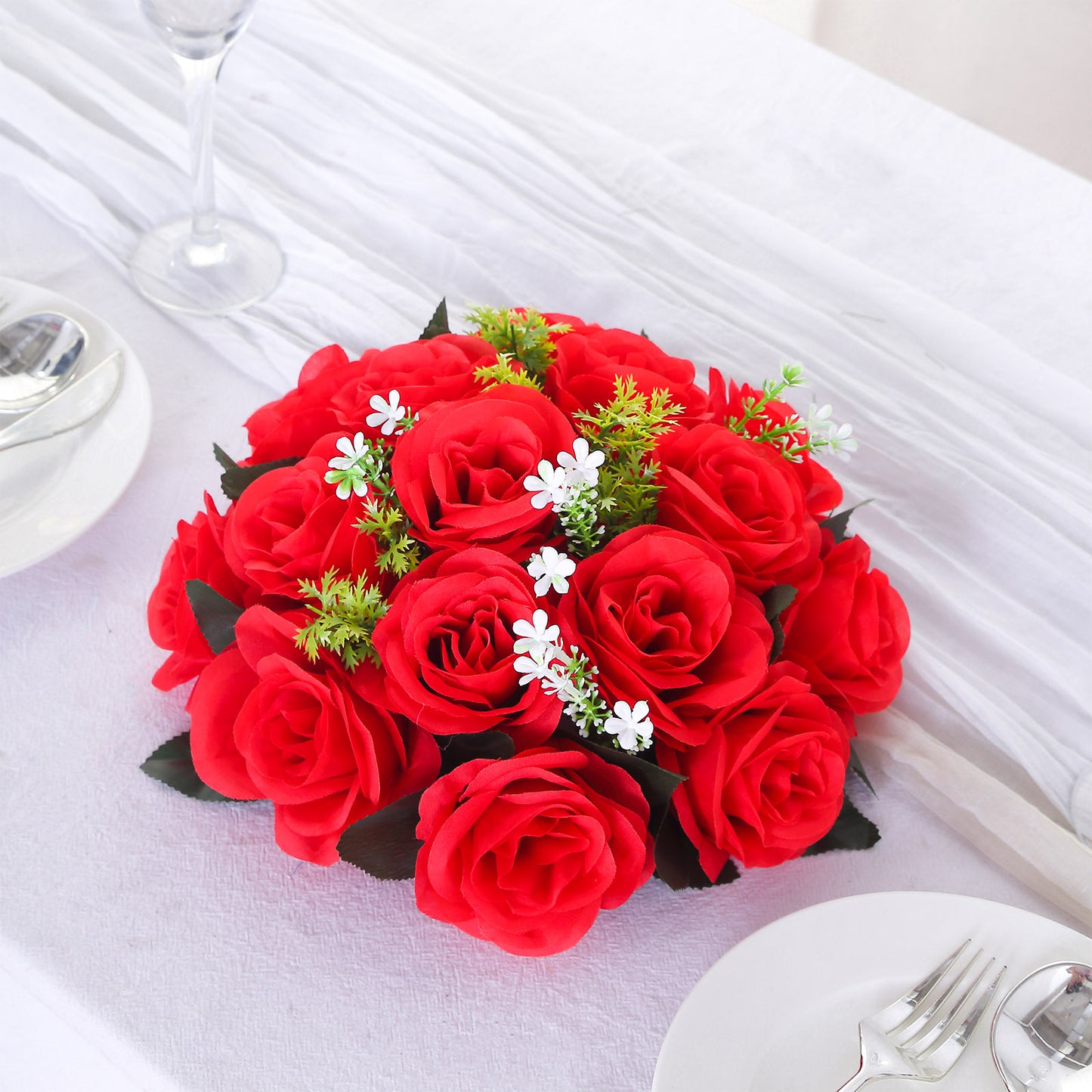 Red silk rose flower ball centerpiece arrangement.